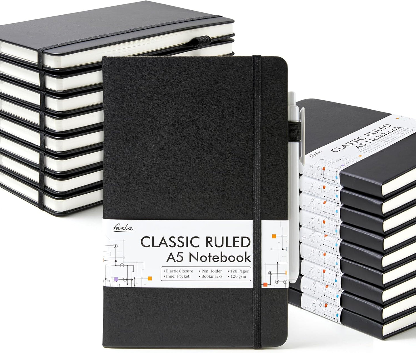 feela 18 Pack Journal Notebook for Work, Business Notebook Bulk Hardcover Lined Writing Journal with Pen Holder for Men Women Note Taking, with 18 Black Pens, 120 GSM, 5.1”x8.3”, A5, Black