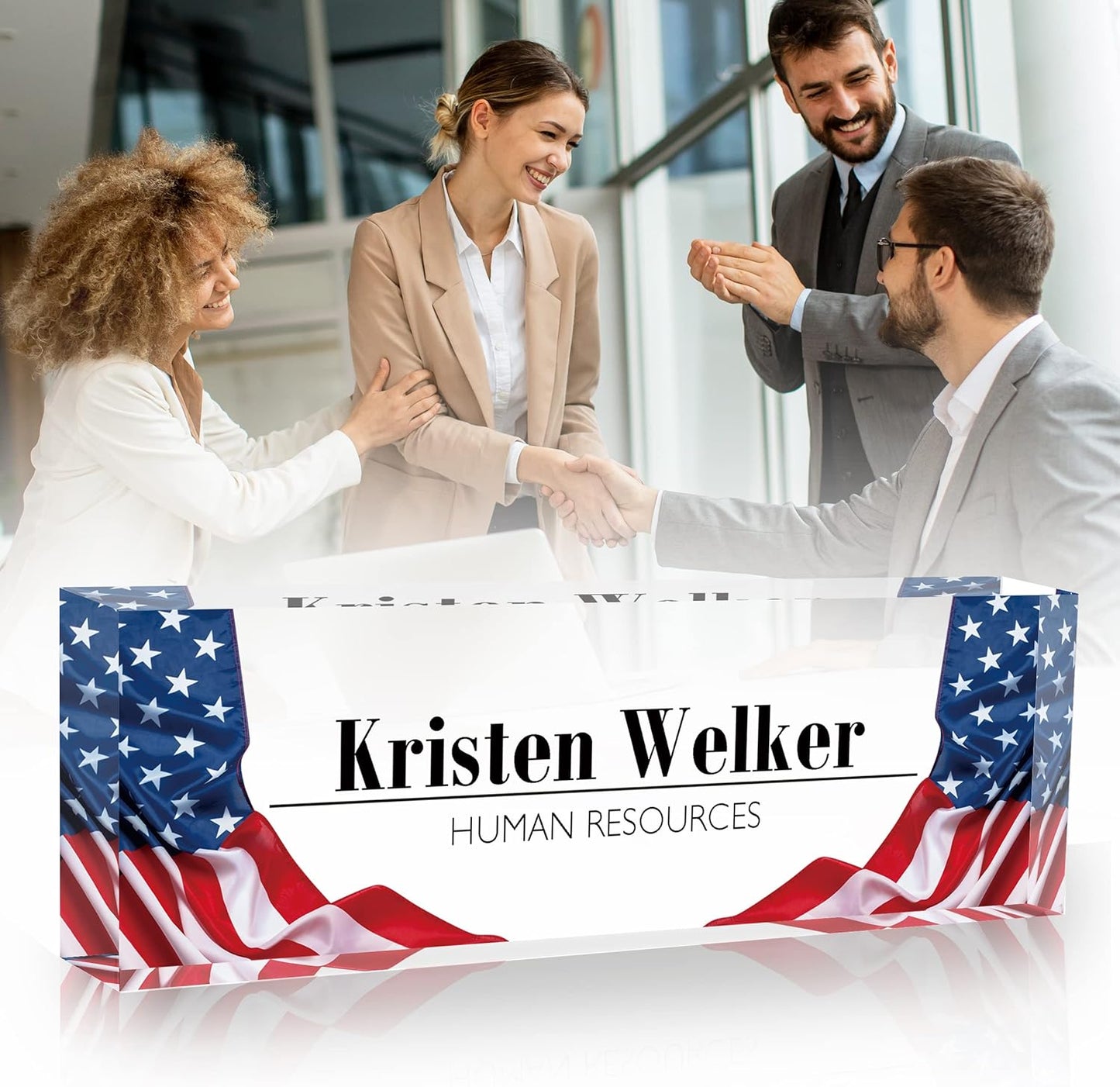 Flpoxzd Desk Name Plate Personalized, Custom Name Plates for Desks, Premium American Flag Acrylic Desk Name Plate, Office Desk Decor for Women or Men Coworkers, Boss, Employee, Teacher (Flag2)