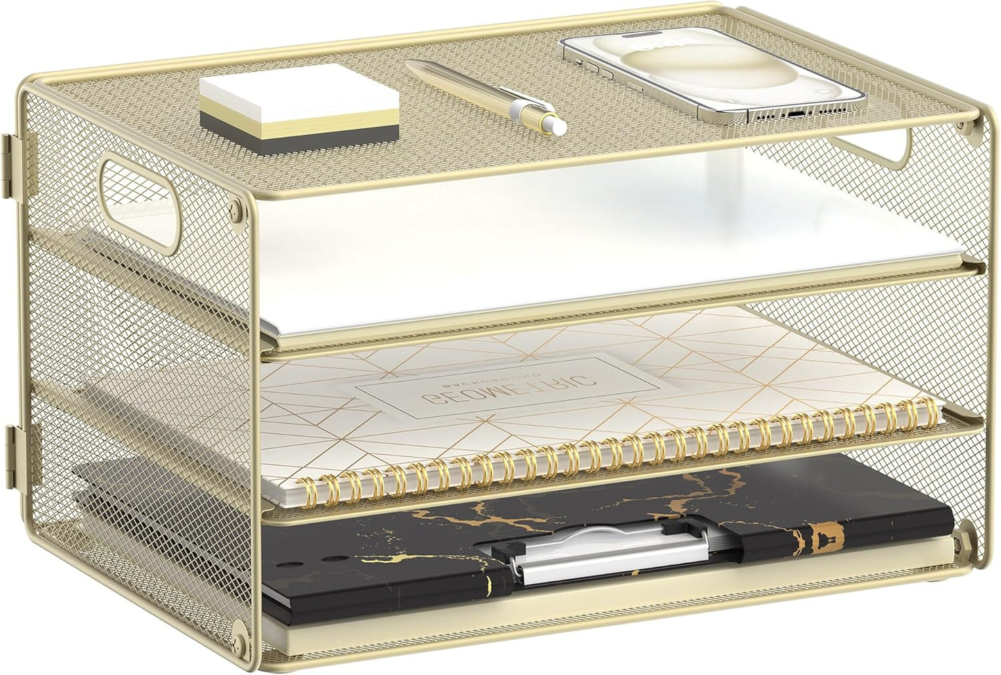 DALTACK 3 Tier Letter Tray Paper Organizer with Handle, Mesh Desk File Organizer, Paper Tray Desk Organizer for School Office Home, Metal Mesh, Golden Yellow