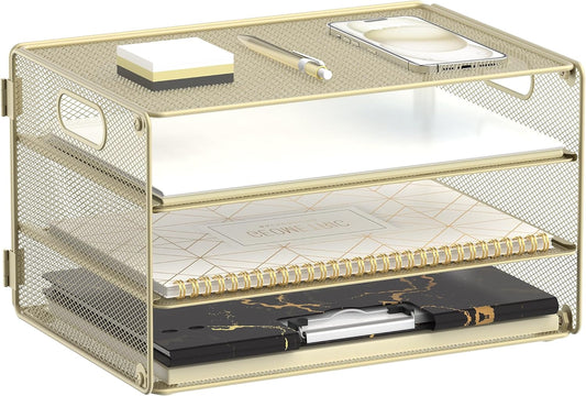 DALTACK 3 Tier Letter Tray Paper Organizer with Handle, Mesh Desk File Organizer, Paper Tray Desk Organizer for School Office Home, Metal Mesh, Golden Yellow
