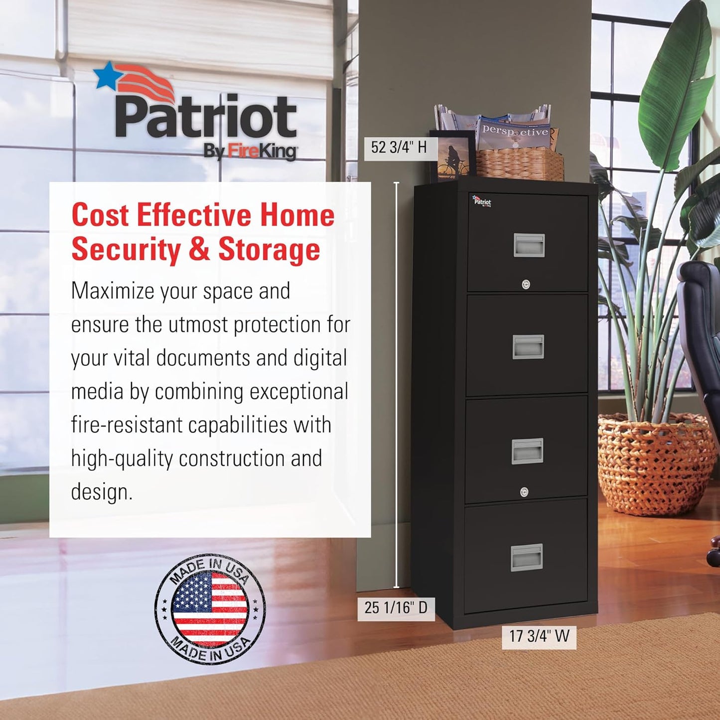 FireKing Patriot Vertical 4 Drawer Legal & Letter Fire Safe File Cabinet, Key Lock, 1 Hour Fire Rated UL Rated & Water Resistant, USA Made, Black