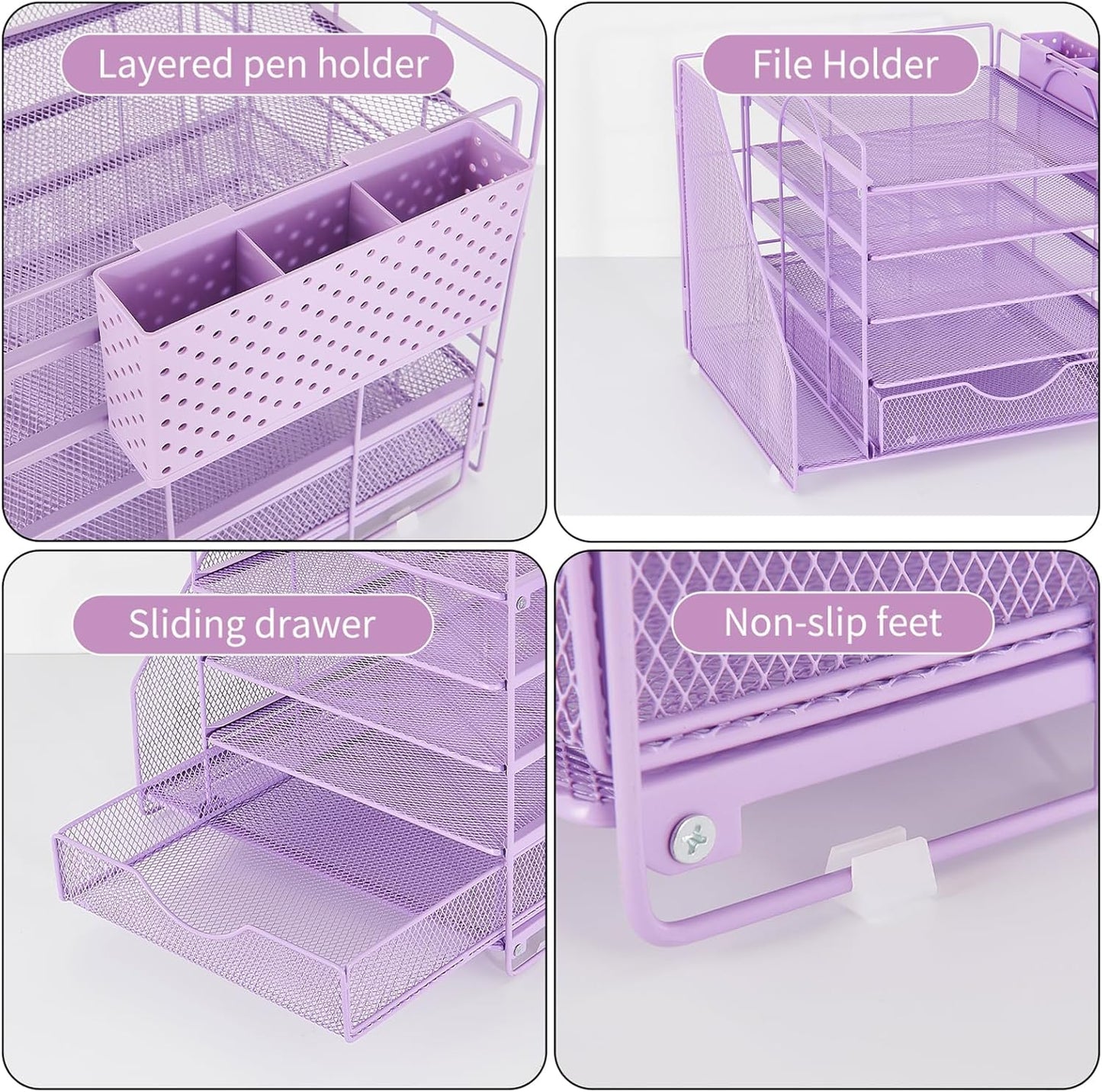 Desk Organizer with Drawer and Pen Holder, 5-Tier Paper Letter Tray Organizer with File Holder, Suitable for Workspace Organizer Office Supplies Storage (Purple)