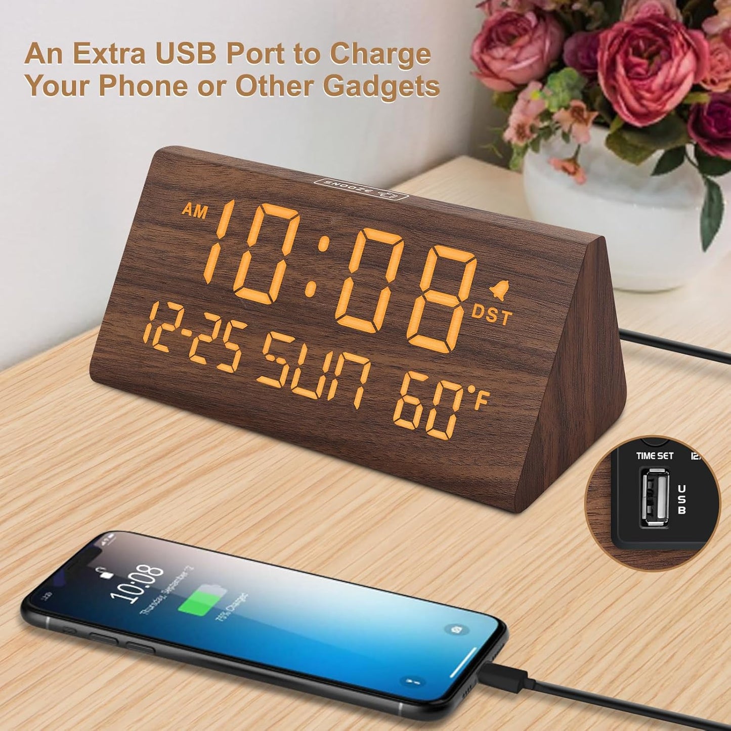 DreamSky Digital Alarm Clocks for Bedrooms - Wooden Desk Clock with Date, Day of Week, USB Port, Temperature, Dimmer for Bedside Table, Living Room, Office, Adjustable Volume, Auto DST, Wood Decor