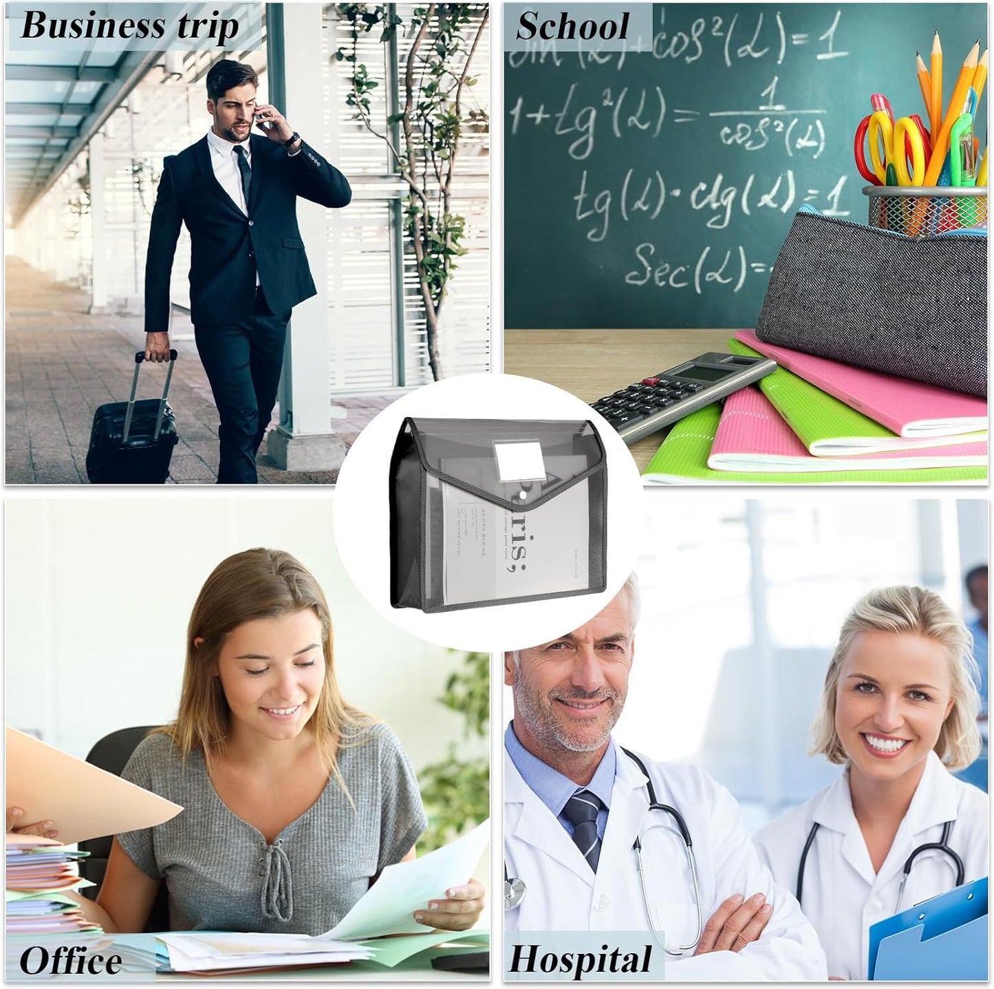 10 Pieces Plastic File Folders Envelope Expanding File Wallet Organizer Documents Folder with Snap Closure and Pocket, A4 Size Waterproof Transparent Pouch(Grey,Horizontal)