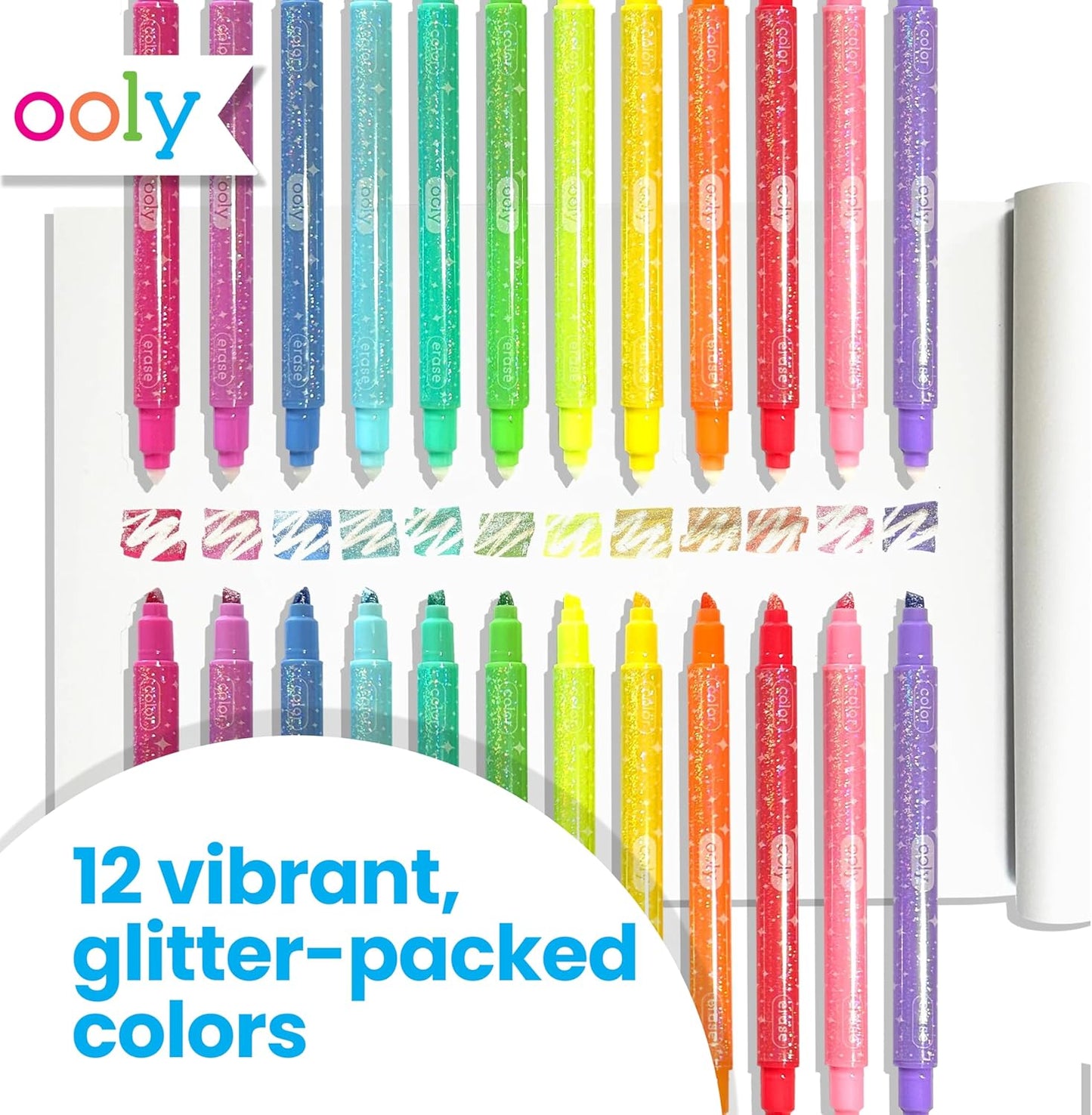 Ooly Make No Mistake Glittery Erasable Markers, 12 Sparkle Markers that are Mess Free that You Can Erase, Colorful Back to School Supplies for Any Arts & Crafts