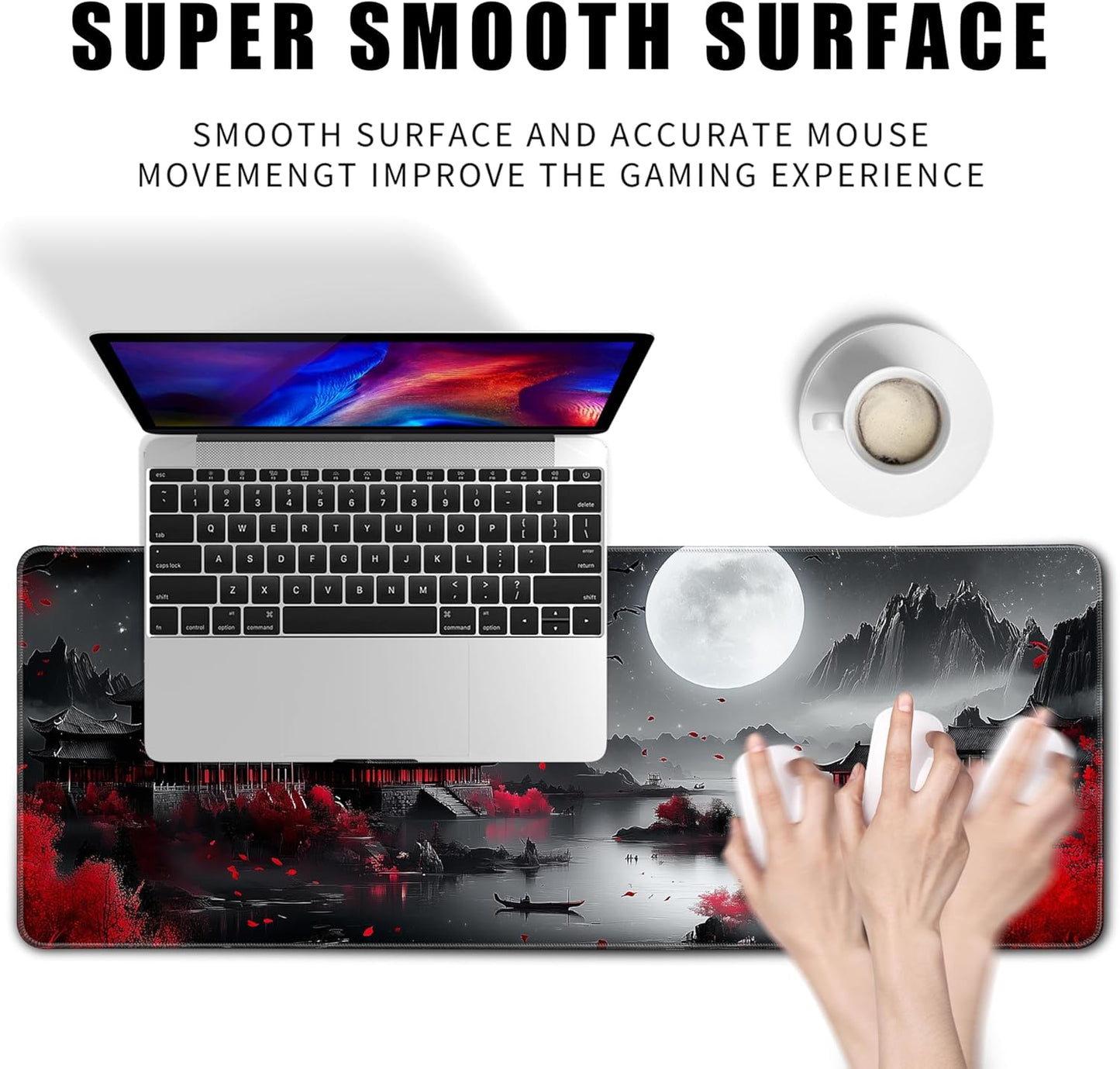 Japanese Desk Mat Riverside Full Moon Large Mouse Pad Gaming Mousepad Extended XL Keyboard Mat Computer Laptop Mouse Desktop Mat 31.5 X 11.8 Desk Decor