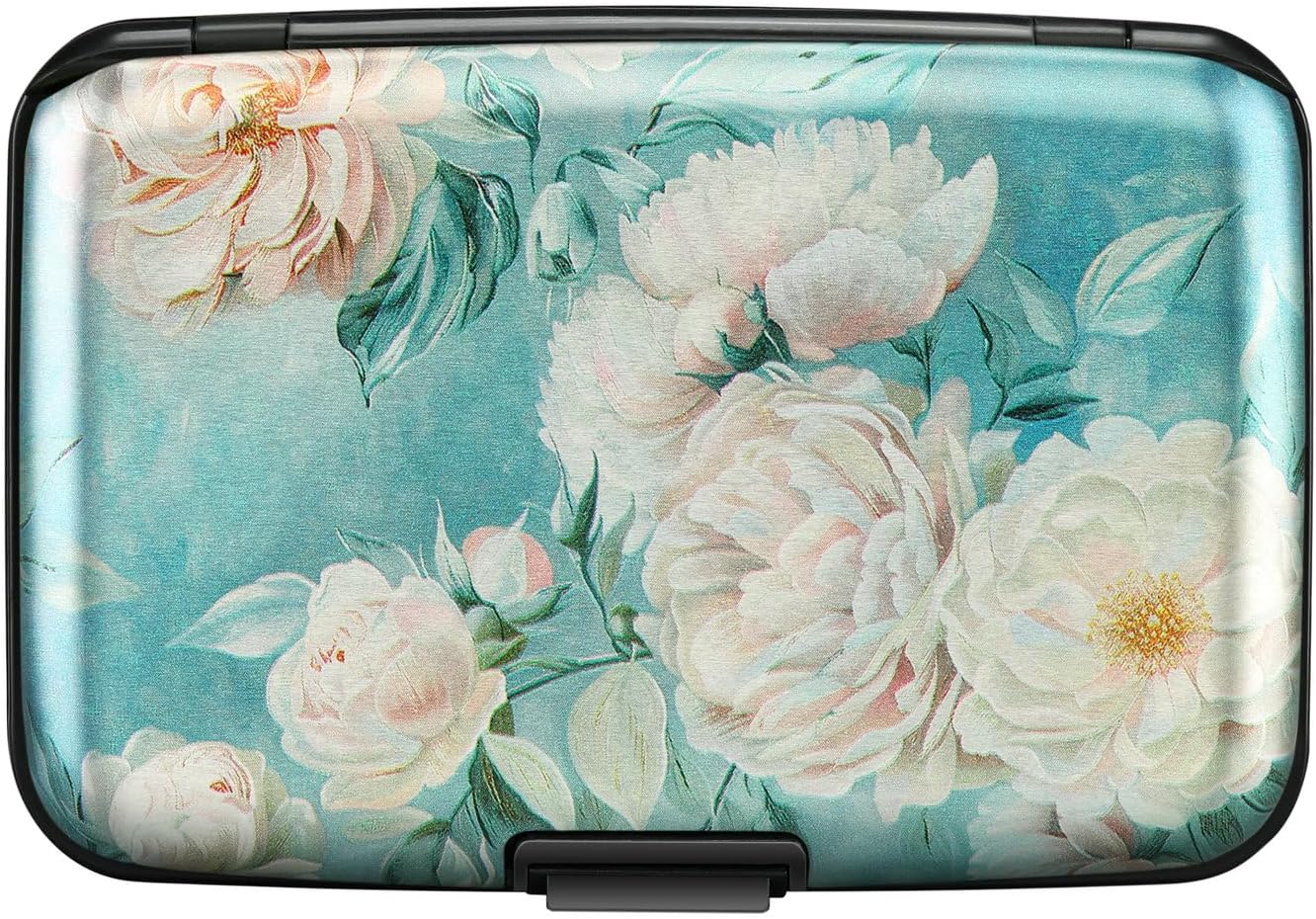 ELFISH Mini RFID Aluminum Wallet Credit Cards Holder Business Card Case Metal ID Case for Men Women(White peony)