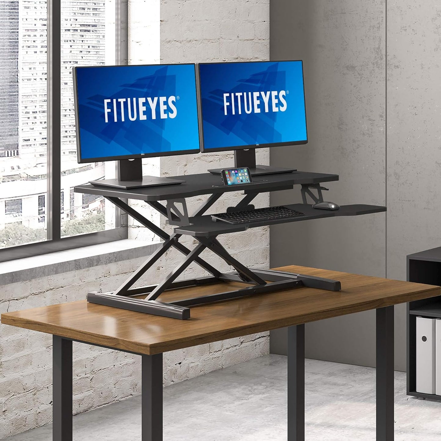 FITUEYES Height Adjustable Standing Desk 36” Wide Sit to Stand Converter Stand Up Desk Tabletop Workstation for Dual Monitor Riser FSD309101WB