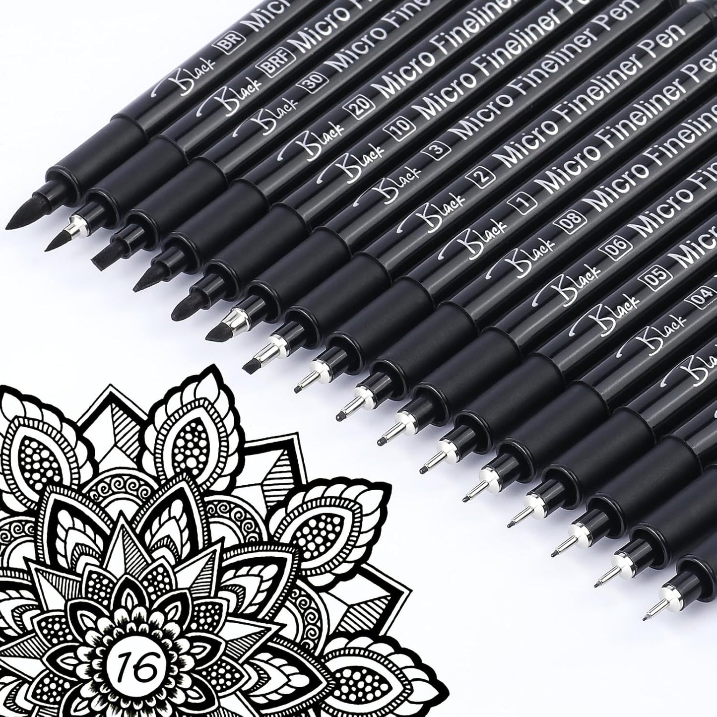 KERIFI Micro Fineliner Drawing Pens for Artists, 16 Black Fine Liner Markers, Waterproof Archival Ink Multiliner Pens, Technical Mandala Zentangle Book Accessories, Art Supplies Stuff Gifts for Adults