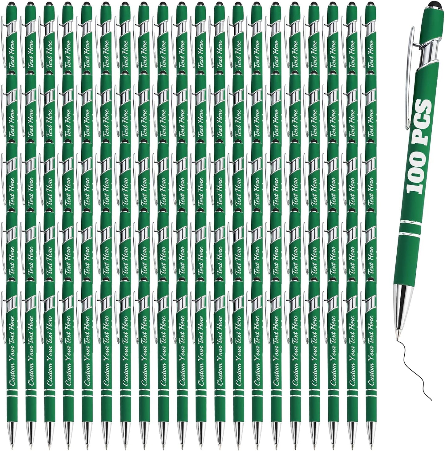 Personalized Pens Bulk 100 with Name Custom Engraving Ballpoint Pens with Stylus Tip Customized Smooth Writing Pens Personalized Gifts for Anniversary Birthday or Graduation(Dark Green,Black Ink)