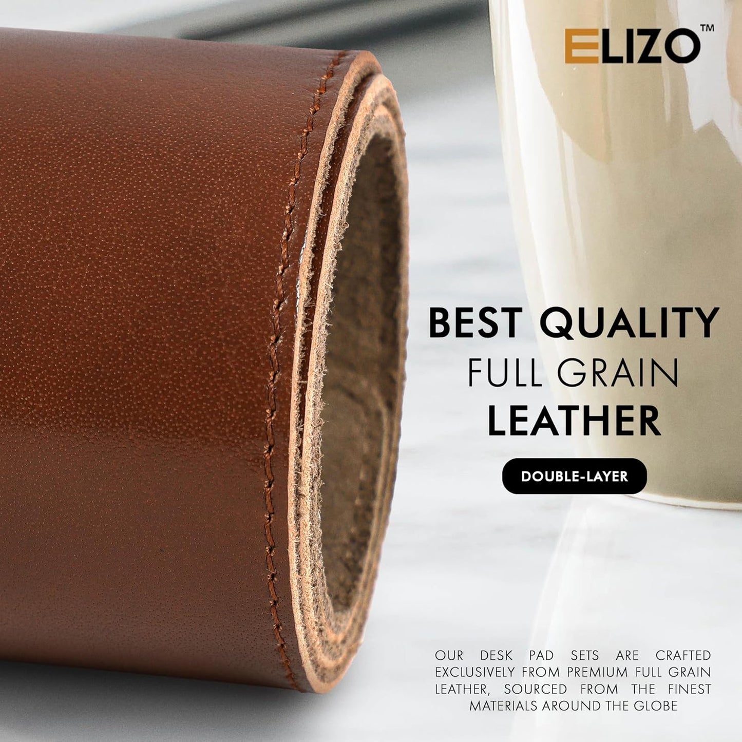 Elizo Leather Desk Mat Desk Pad Blotter Set - Real Full-Grain Leather (32x16) 2-Layer Genuine Desk Cover Protector & Large Mouse Pad | Computer Keyboard Desk Accessories for Office & Home