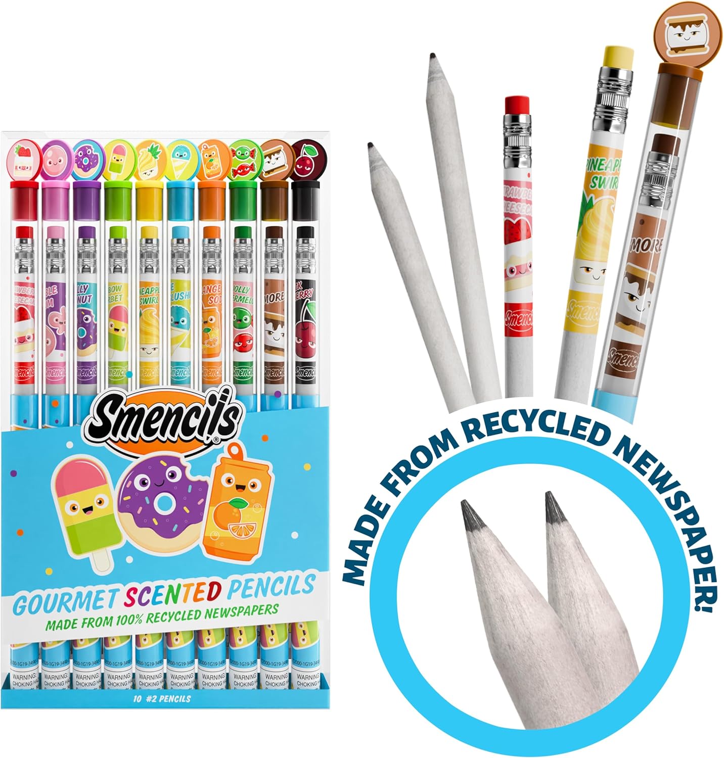 Smencils - Patented Gourmet Scented Graphite HB #2 Pencils Made from Recycled Newspapers, 10 Count, Gifts for Kids, School Supplies