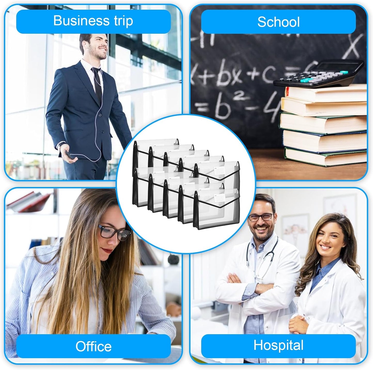 10 Pack Plastic File Folders Portable Expanding File Folder Organizer Documents Envelopes with Snap Closure, A4 Size Waterproof Transparent Pouch with Label for Business Office School