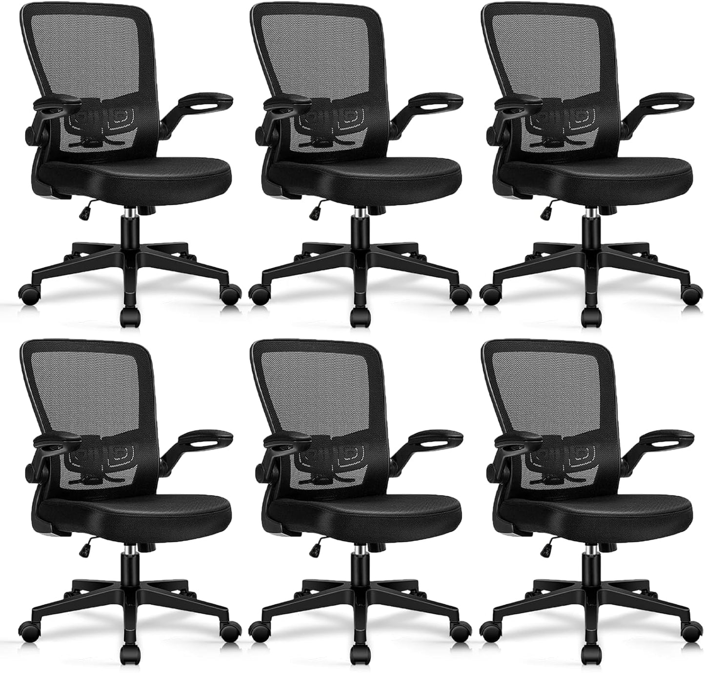 Desk Chairs with Wheels, Ergonomic Mesh Office Chair Adjustable Height and Swivel Lumbar Support Home Office Chair with Flip Up Armrests, Set of 6