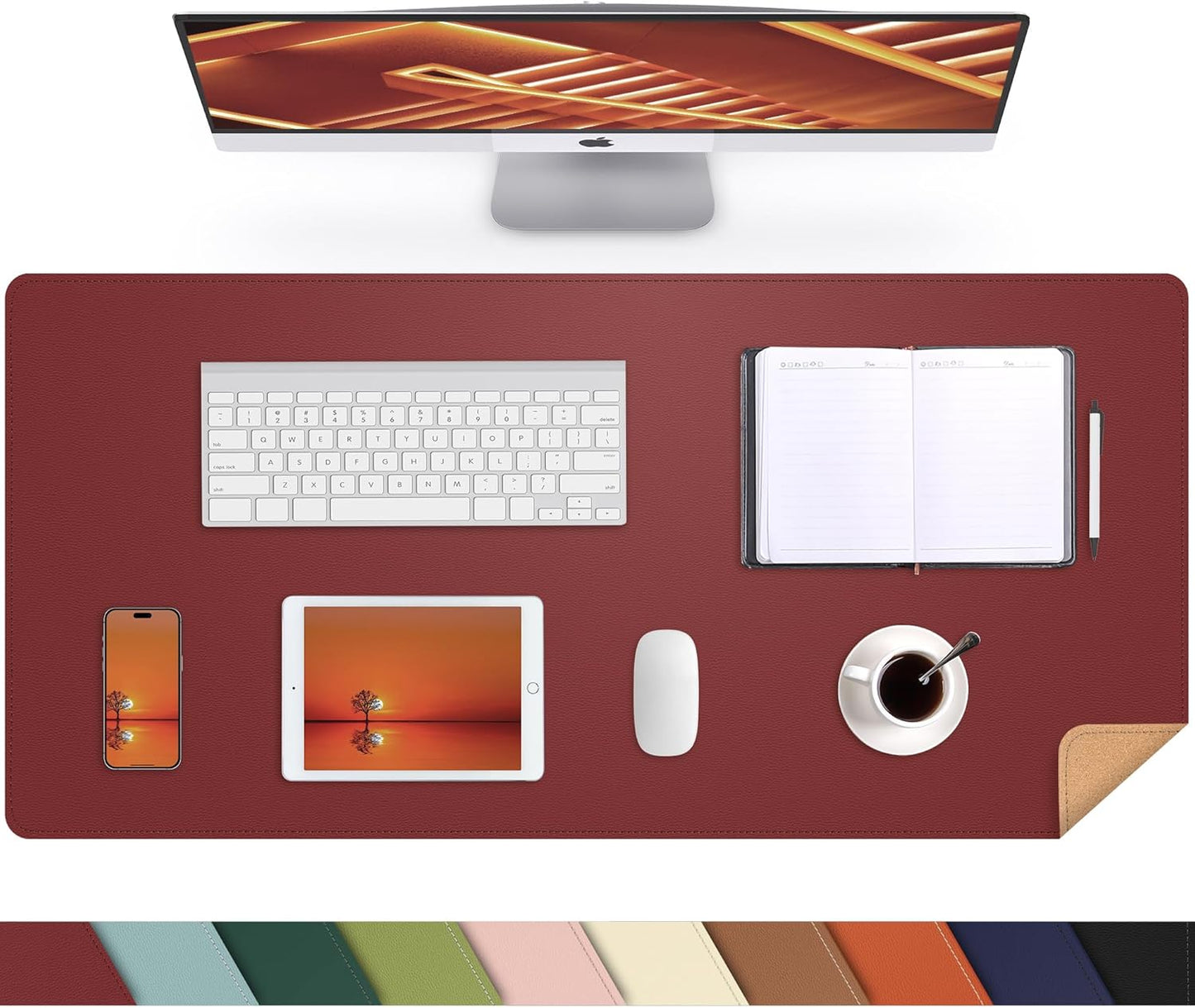 Desk Mat 31.5" x 17" Leather Desk Pad Protector with Natural Cork & PU Leather, Non-Slip Office Desk Mat, Double-Sided Large Mouse Pad, Waterproof Desk Pad for Office&Home (red)