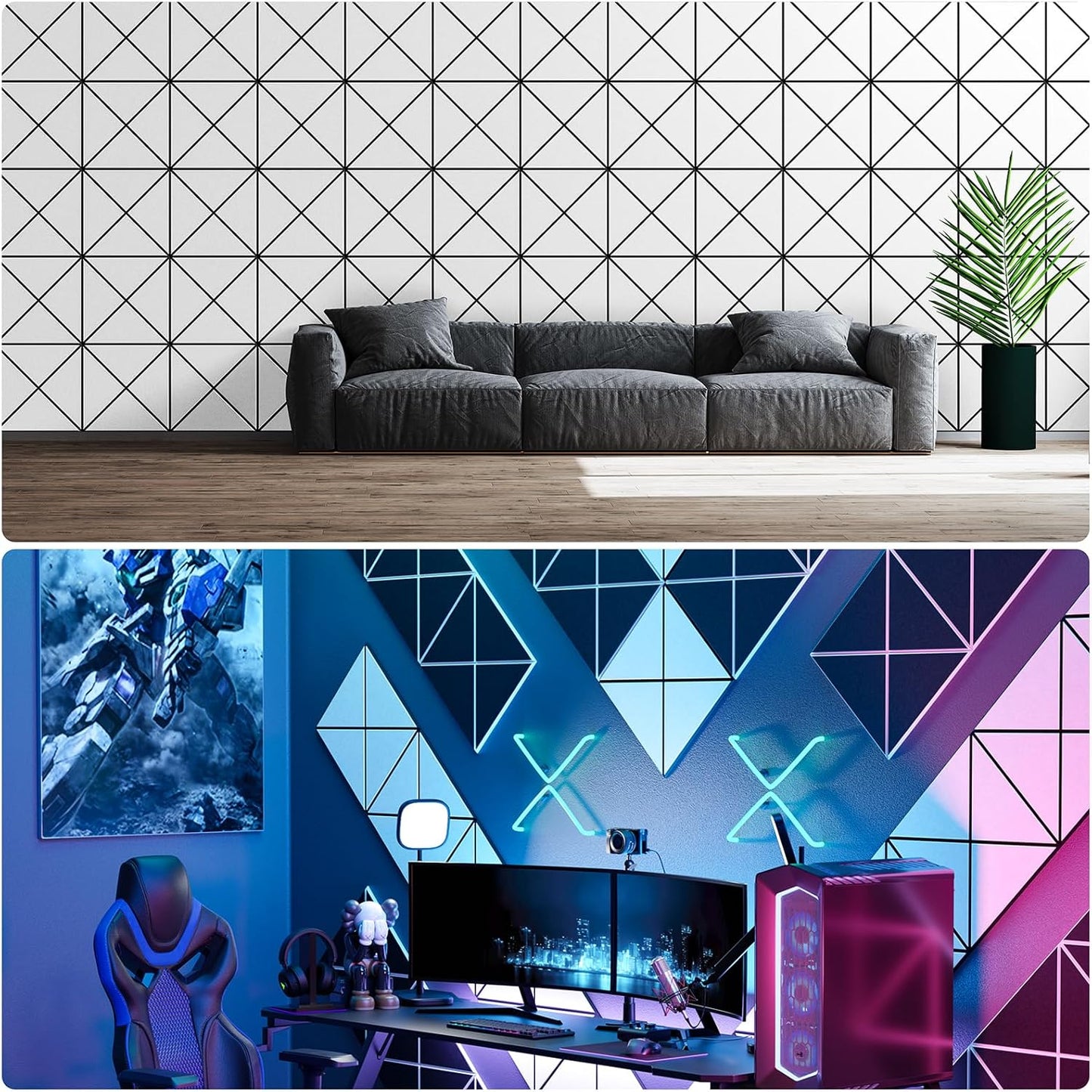 12 Pack Self-Adhesive Acoustic Panels, 12" X 12" X 0.4" X-Line Sound Proof Foam Panels for Walls, Soundproof Wall Panels for Home & Office (White on Black)