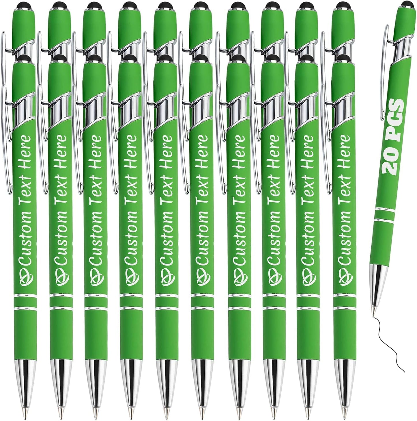 Personalized Pens Bulk 20 with Name Custom Engraving Ballpoint Pens with Stylus Tip Customized Smooth Writing Pens Personalized Gifts for Anniversary Birthday or Graduation(Light Green,Black Ink)