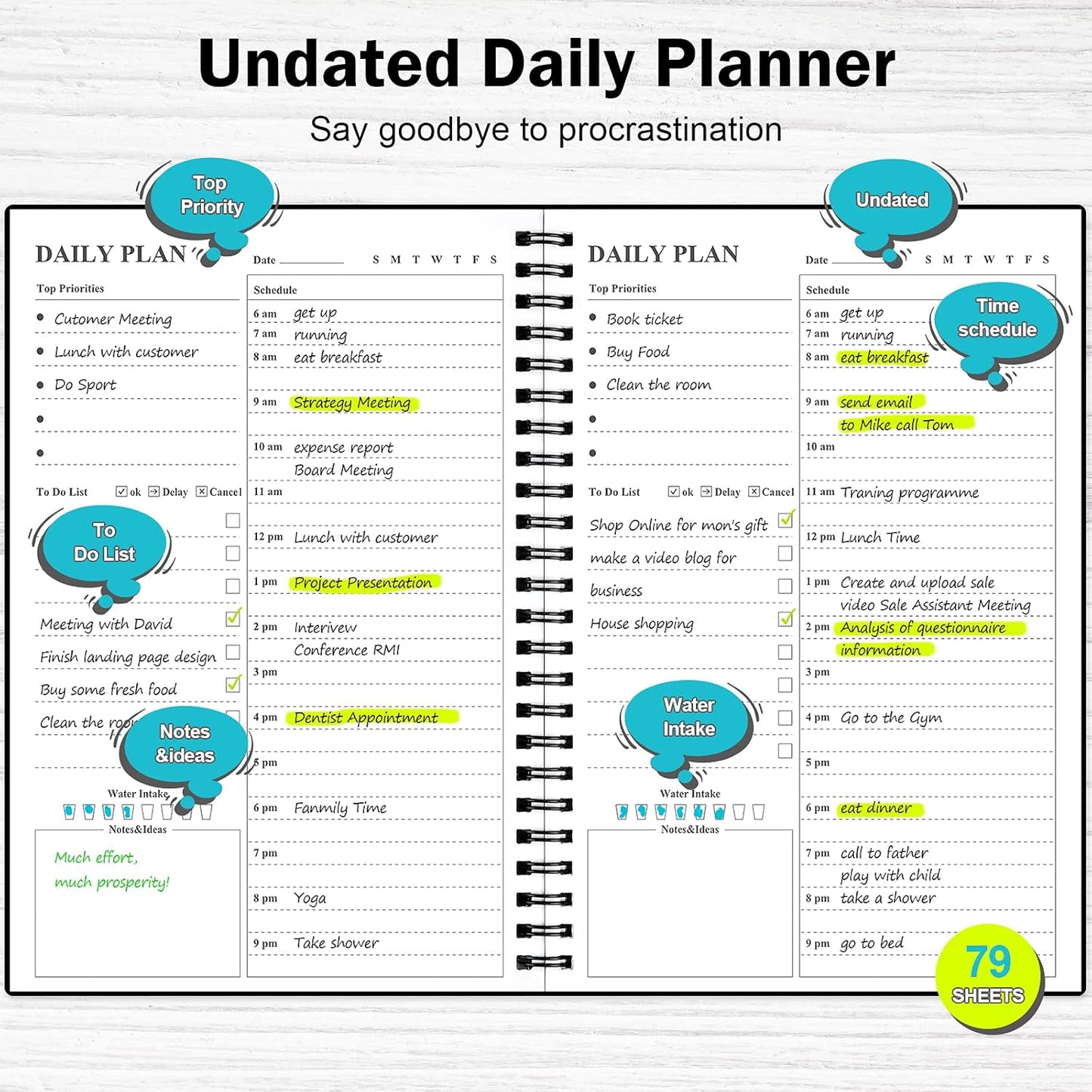 Daily Planner Undated, Asten To Do List Notebook Hourly Schedules Spiral Appointment Planner for Men and Women,PVC Hardcover,Elastic Closure, Inner Pocket 8.3" x 5.8" (Black)