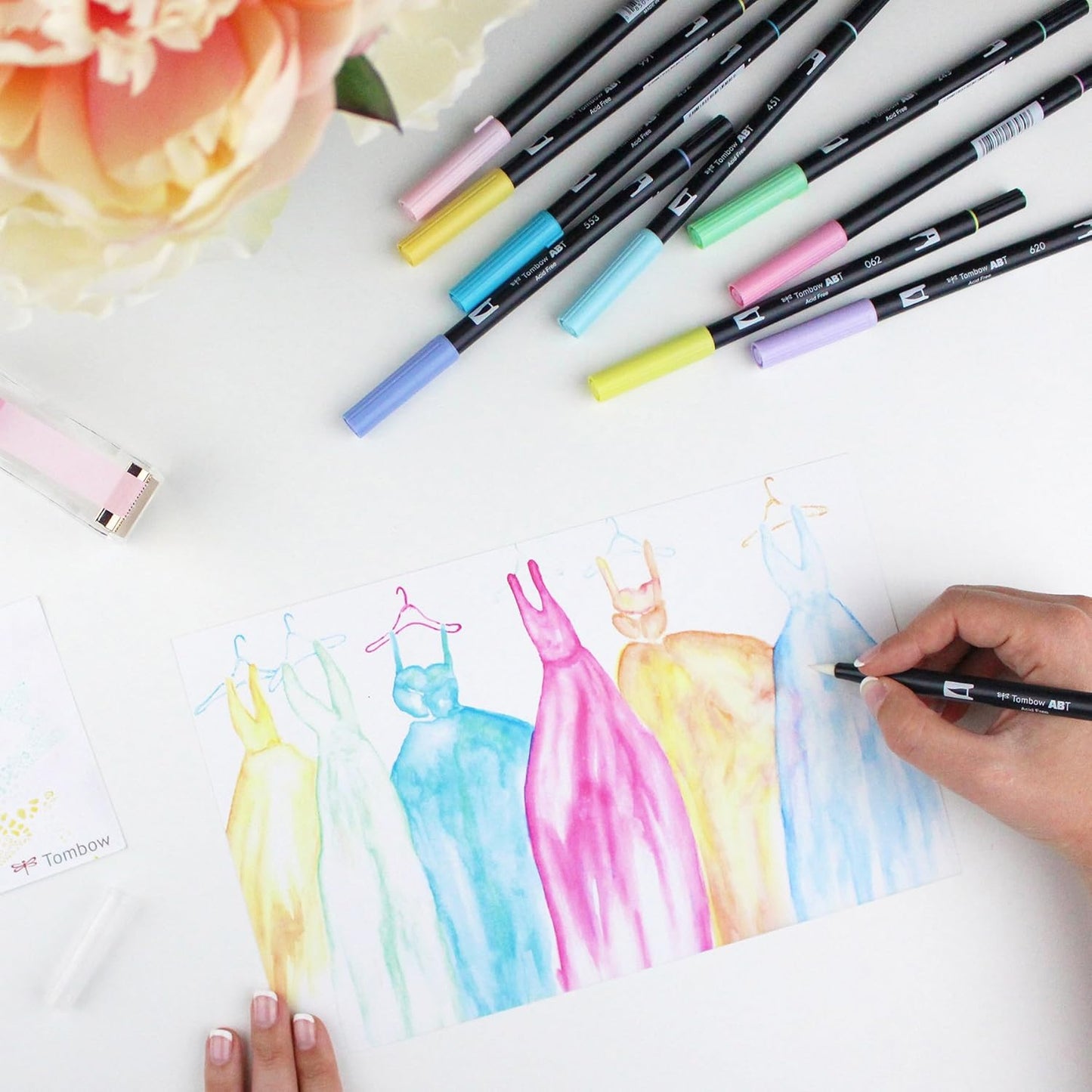 Tombow 56187 Dual Brush Pen Art Markers, Pastel, 10-Pack. Blendable, Brush and Fine Tip Markers