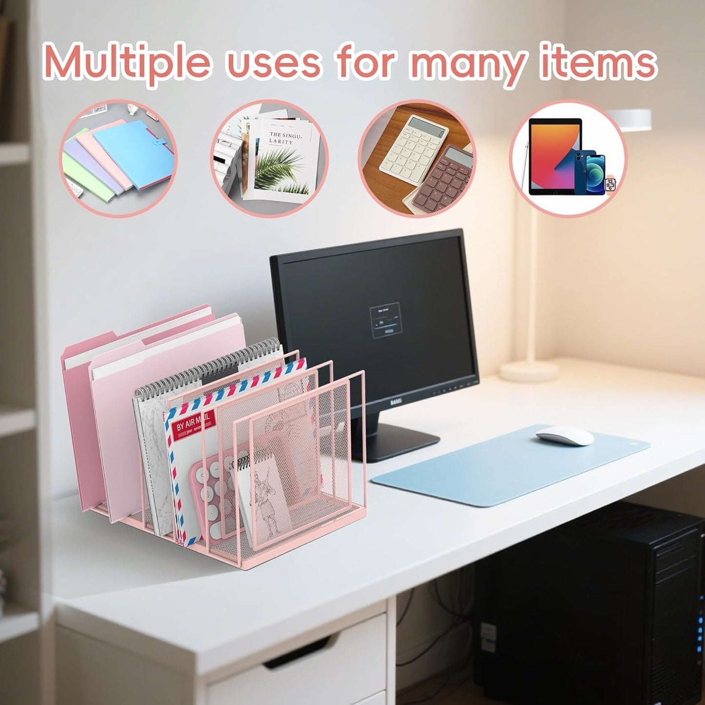 File Organizer for Desk, 5-Section Vertical File Sorter, Paper Holder Organizer Standing Metal File Folder for Office Home Classroom, Pink