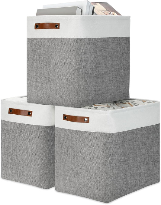 DULLEMELO Storage Baskets 17 inch Large Basket for Blanket Living Room, Foldable Storage Bins Baskets for Organizing [3 Pack] Blanket Storage Baskets Organizer for Home,Office,Closet(White&Grey)