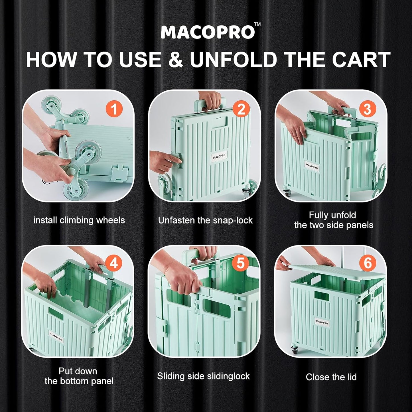 Foldable Utility Cart with Stair Climbing Wheels, Collapsible Rolling Crate with Telescoping Handle, Shopping Trolle Handcart Grocery Book File Tool Art Supplies Teacher Storage Basket(Green)