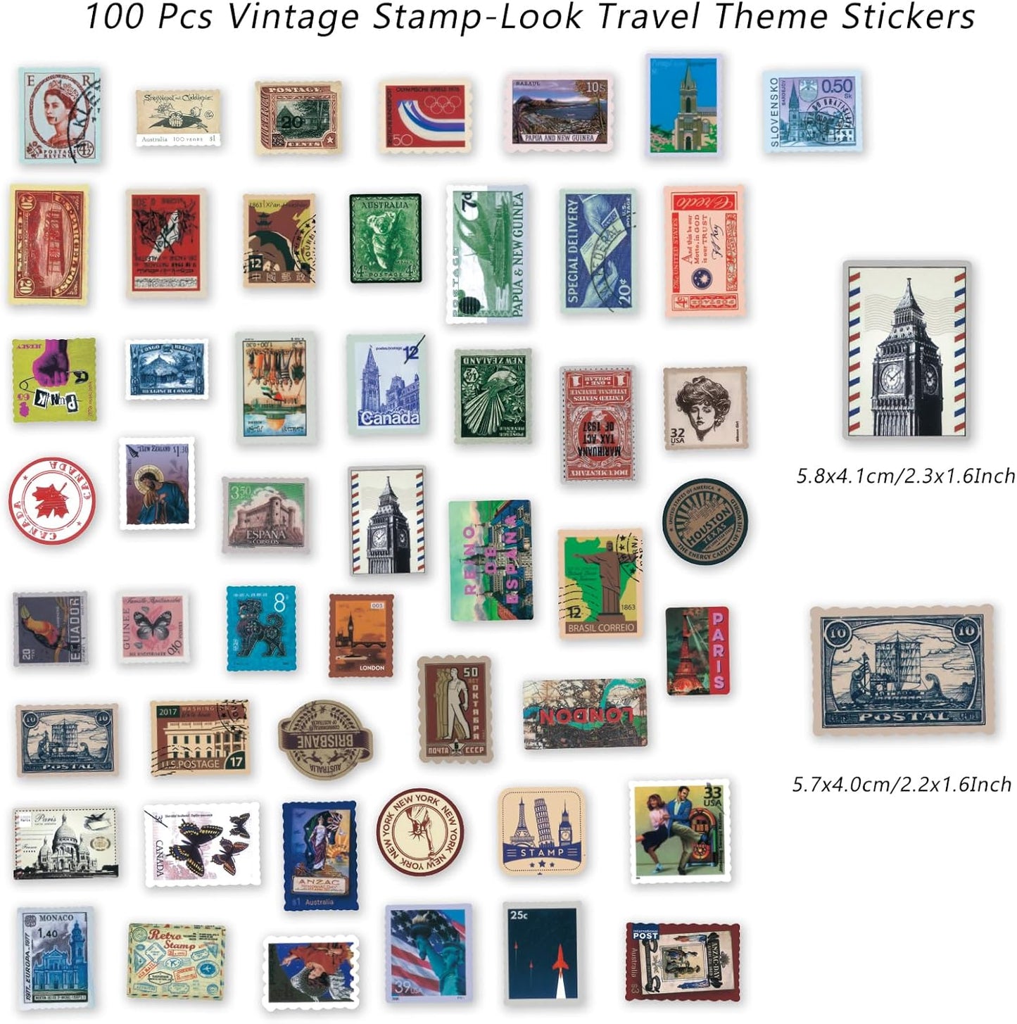 100 Pcs Vintage Stamp Stickers for Scrapbook,Retro Travel Sticker for Scrapbook Supplies,Stamp-Look Portrait Waterproof Stickers for Junk Journal Collage DIY Crafts