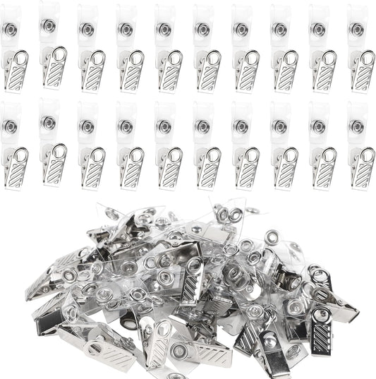 Happy Trees 50 Pcs Metal Badge Clips with Clear PVC Straps, ID Holder Clip for Badge Holders, Name Tags, ID Cards, Work Badges