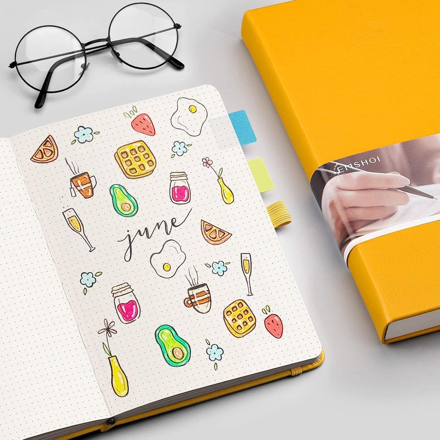 EMSHOI Dotted Journal Bullet Notebook, 256 Pages 120gsm Thick Dot Grid Notebook, A5 Hardcover Leather Journal with Stencils, 16 Perforated Pages, Pen Loop, Inner Pocket, 5.75"x8.38"-Yellow