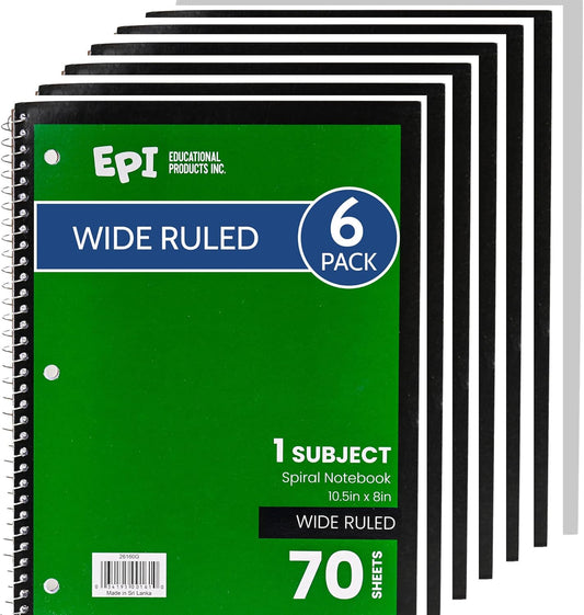 EPI Spiral Notebook | Wide - 70 Sheets, Durable Spiral Binding | 10.5 x 8 in | Classroom Supplies | School, Office, Note Taking, Journaling - 6 Pack