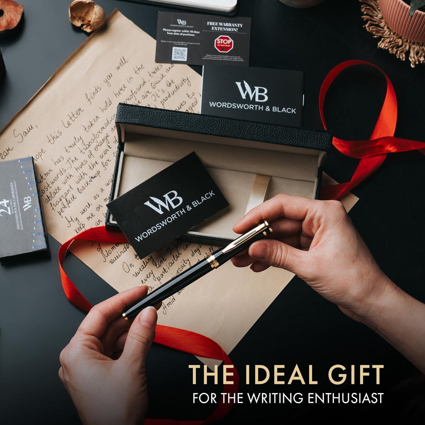 Wordsworth & Black Fountain Pen Set, Medium Nib, Includes 24 Ink Cartridges and Ink Refill Converter, Gift Case, Journaling, Calligraphy, Smooth Writing Pens [Black Gold], Perfect for Men and Women