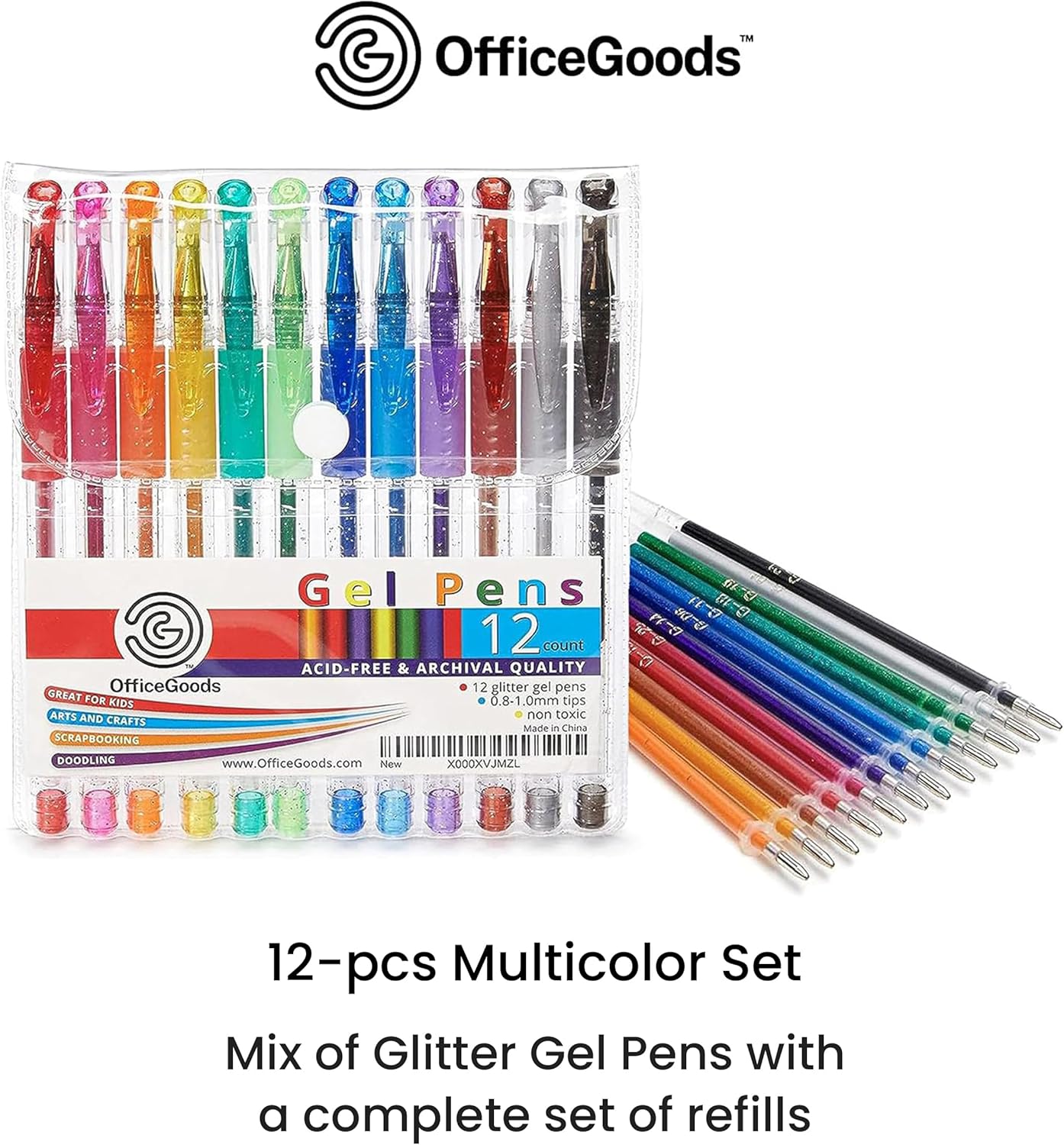 OfficeGoods Multicolor Gel Pens with Refills – Adult Coloring Journaling Art – Medium 0.8-1.0mm Tips – Non-Toxic Gel Pens Set – Quick Dry Smudge-Free 12 Pack Colors