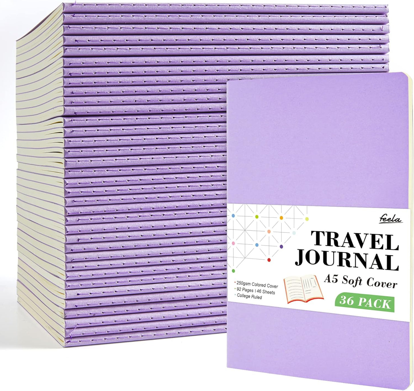 feela 36 Pack Soft Cover Journal Bulk, Lined Blank Travel Journal for Women Men Writing, Notebooks College Ruled for Work, Note Taking Notebook School Business Supplies, 8.2” x 5.5”, A5, Light Purple