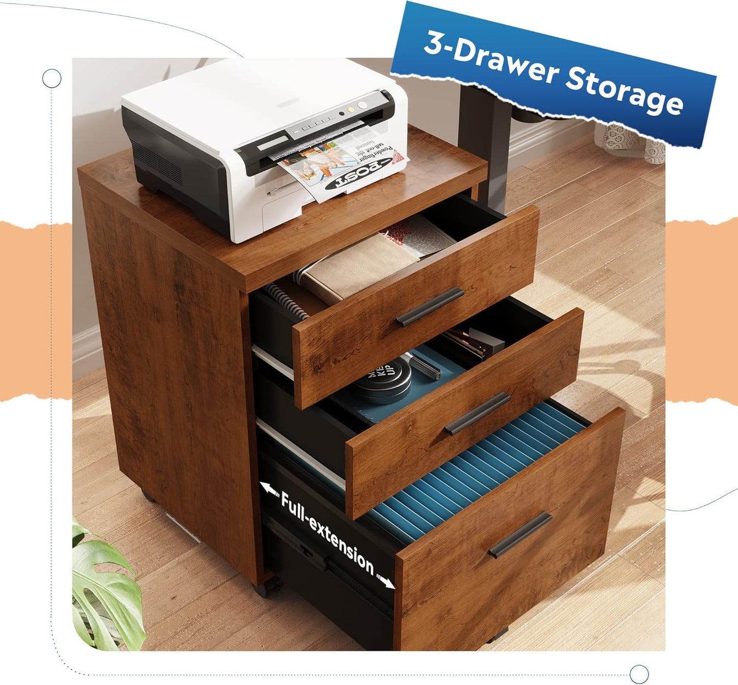 DEVAISE 3 Drawer File Cabinet for Home Office, Wood Under Desk Filing Cabinet, Rolling Printer Stand with Wheels, Walnut