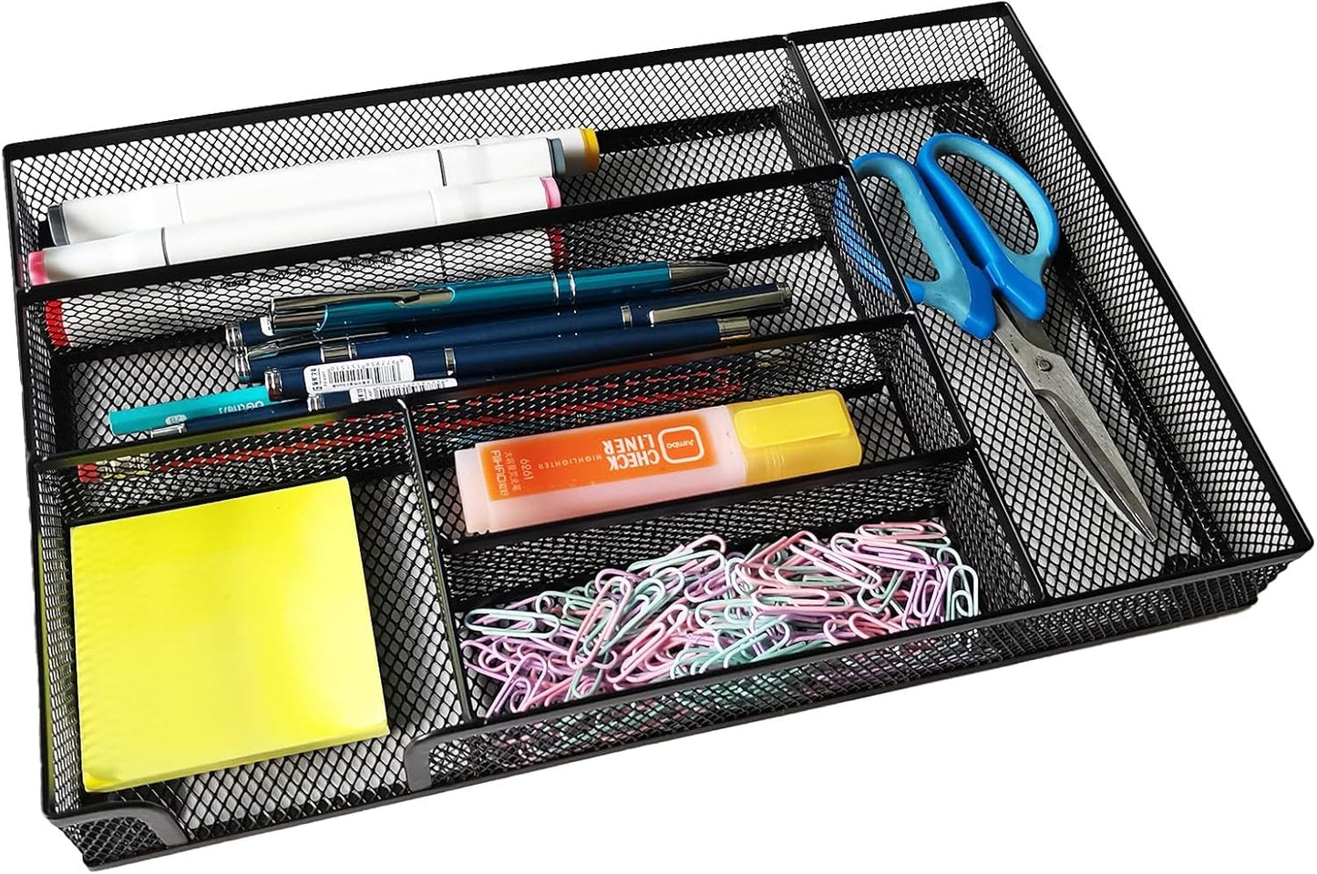 New Desk Drawer Organizer Metal Mesh Drawer Organizer Tray for Office School or Home Supplies Desktop Storage Stationery, 6 Compartments, 12.6 x 8.27 x 1.57 inch，Black (2pc pack)