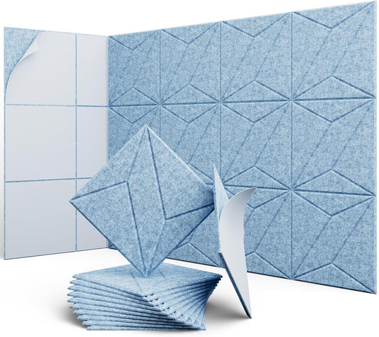 12 Pack 12" X 12" X 0.4" Acoustic Panels for Wall Sound Absorbing, P-Stripes Square Self-Adhesive Sound Panels, High Density Suitable for Multiple Scenarios(Light Sky Blue)