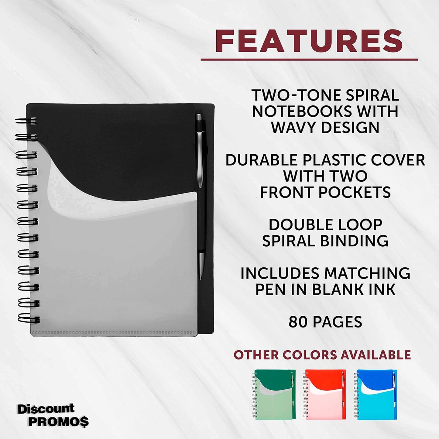 DISCOUNT PROMOS Spiral Notebooks with Front Pocket Set of 10, Bulk Pack - Durable Plastic Cover, Includes Matching Pen in Blank Ink, Perfect for School, Office, Home - Black