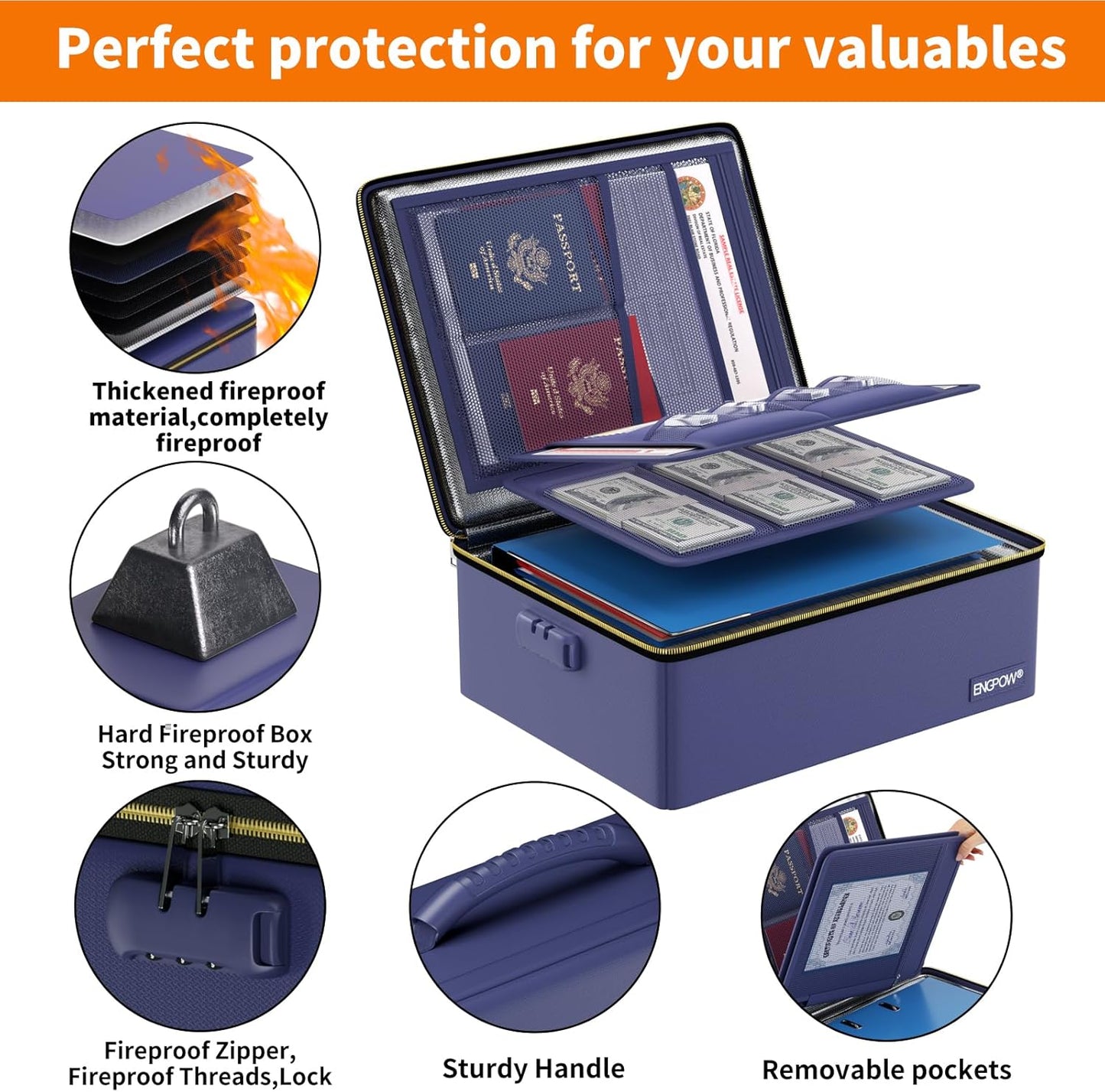 ENGPOW Fireproof Document Box, Hard Fireproof Box with Fireproof Zipper＆Lock, 6400°F Heat Insulated Fireproof Water Resistant File Organizer Storage Box Safe for Important Documents,Valuable,Blue