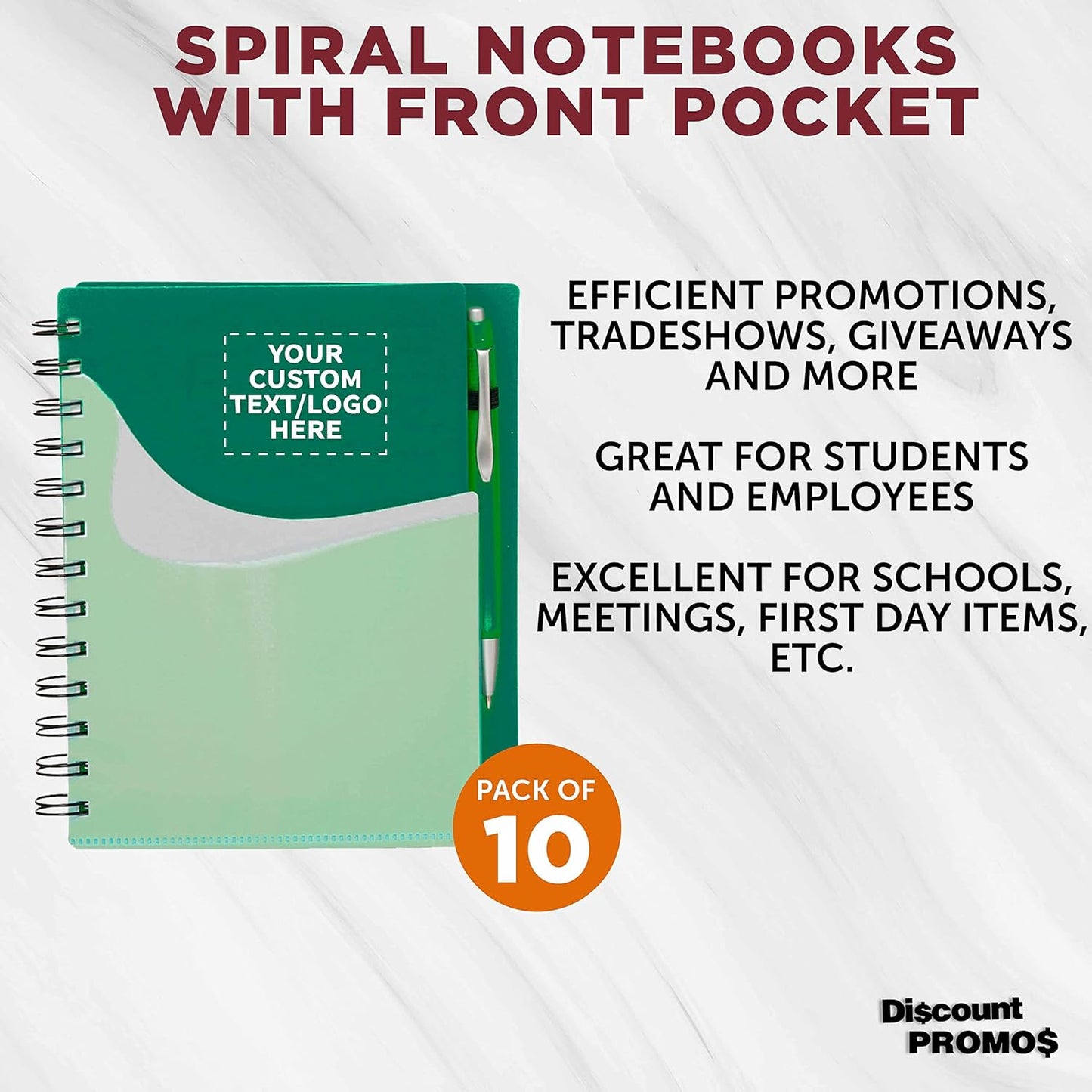 DISCOUNT PROMOS Custom Spiral Notebooks with Front Pocket Set of 10, Personalized Bulk Pack - Durable Plastic Cover, Includes Matching Pen in Blank Ink, Perfect for School, Office, Home - Green
