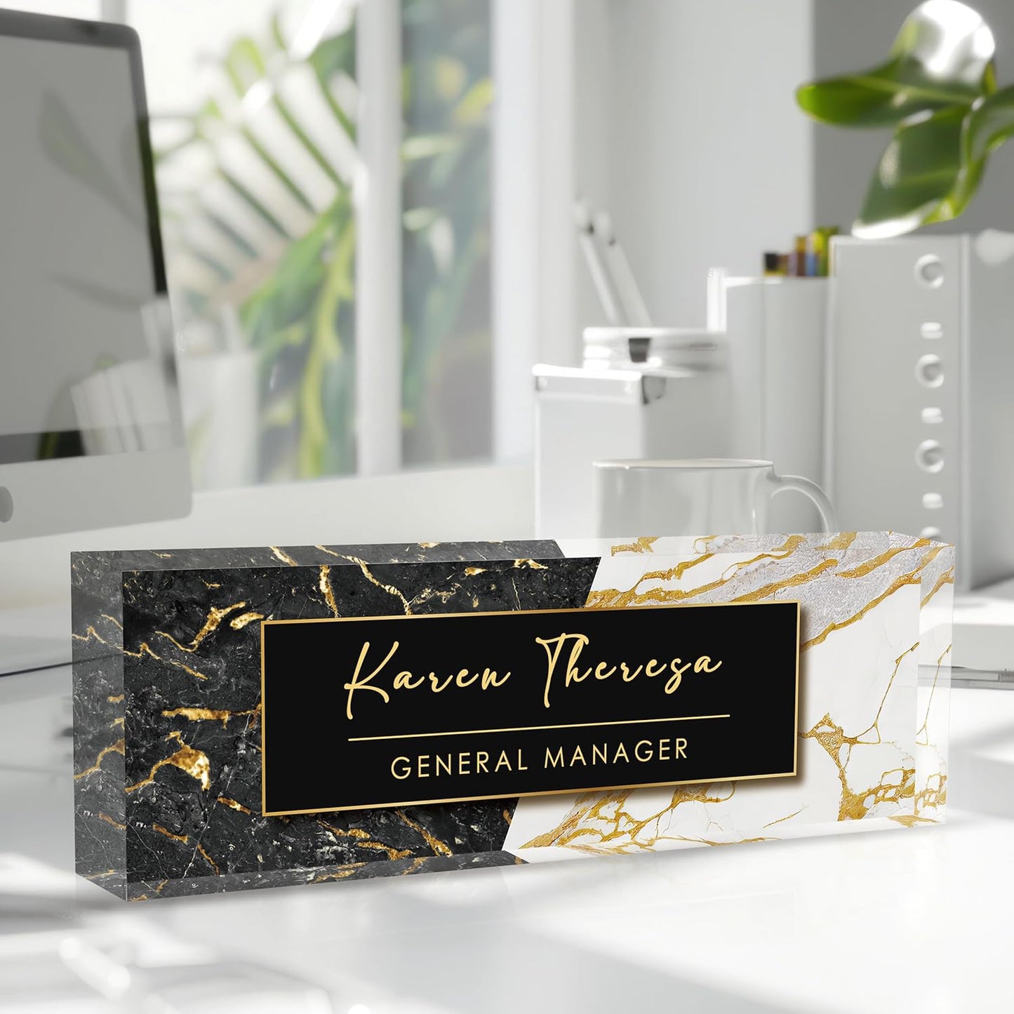 Custom Office Name Plate, Personalized Gifts for Men, Appreciation Gifts for Employee Coworkers Boss Teacher, Office Desk Accessory (Black Marble)