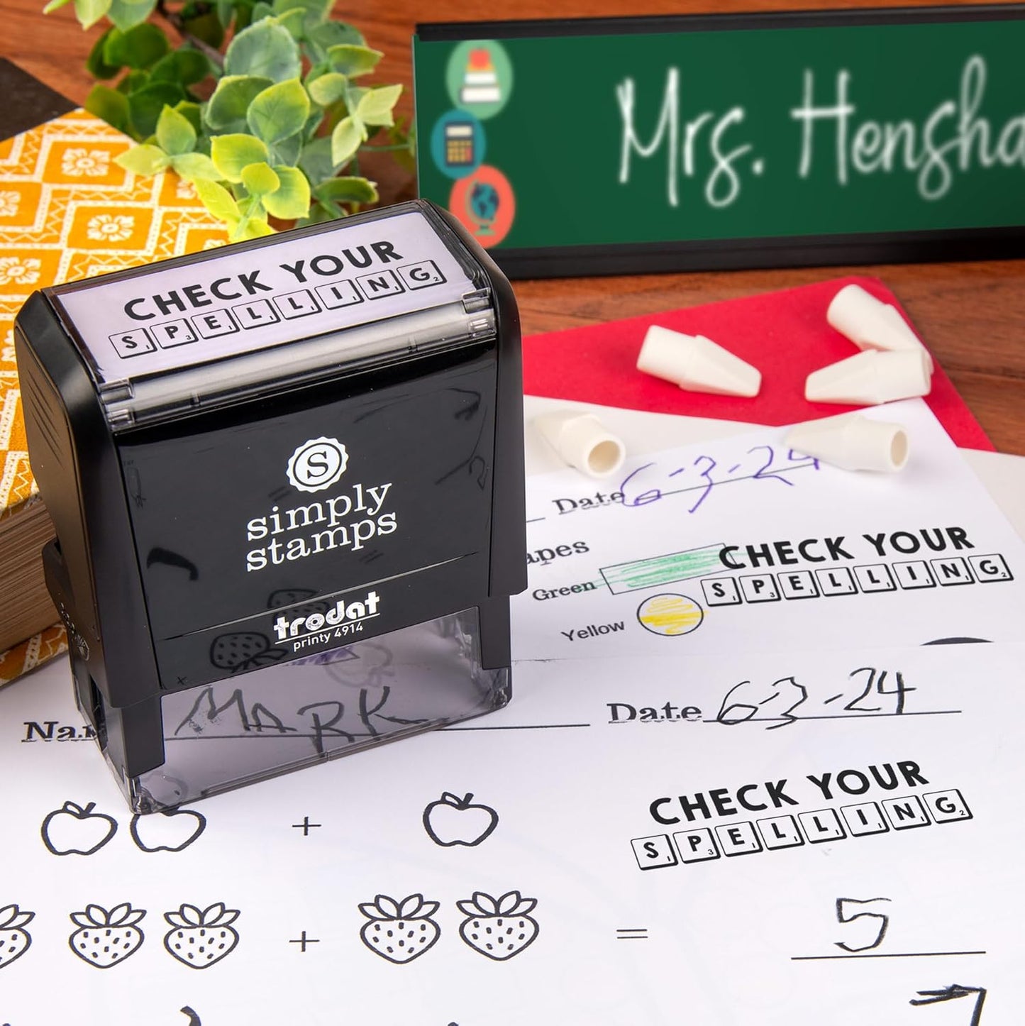 Custom Self-Inking Teacher Stamps | 49 Designs | Fun Phrases | Grading Made Easy | Classroom and Library Book Stamps (Check Your Spelling, Xtra Wide)