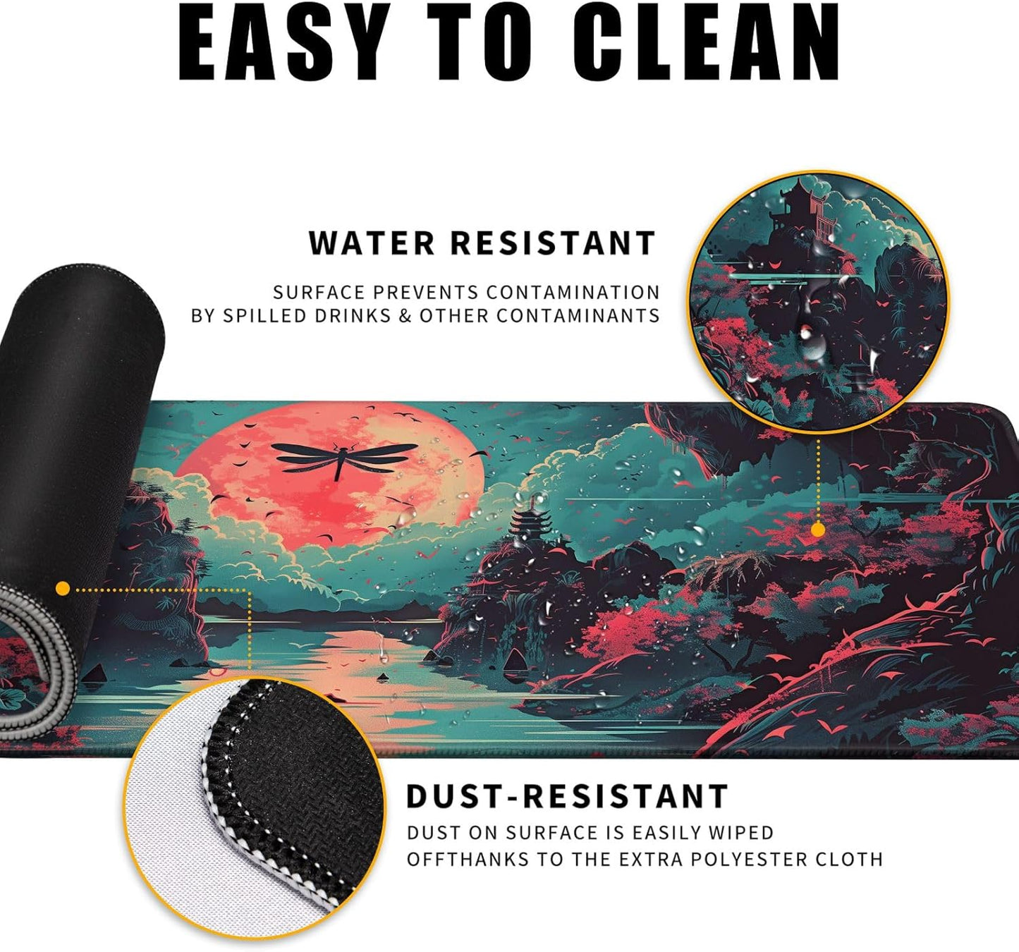 Japanese Desk Mat Riverside Full Moon Desk Pad Psychedelic Mlarge Mouse Pad Dragonfly Gaming Mousepad Extended XL Keyboard Pad 31.5 x 11.8 in Laptop Computer Mouse Keyboard Mat for Office Desk Decor