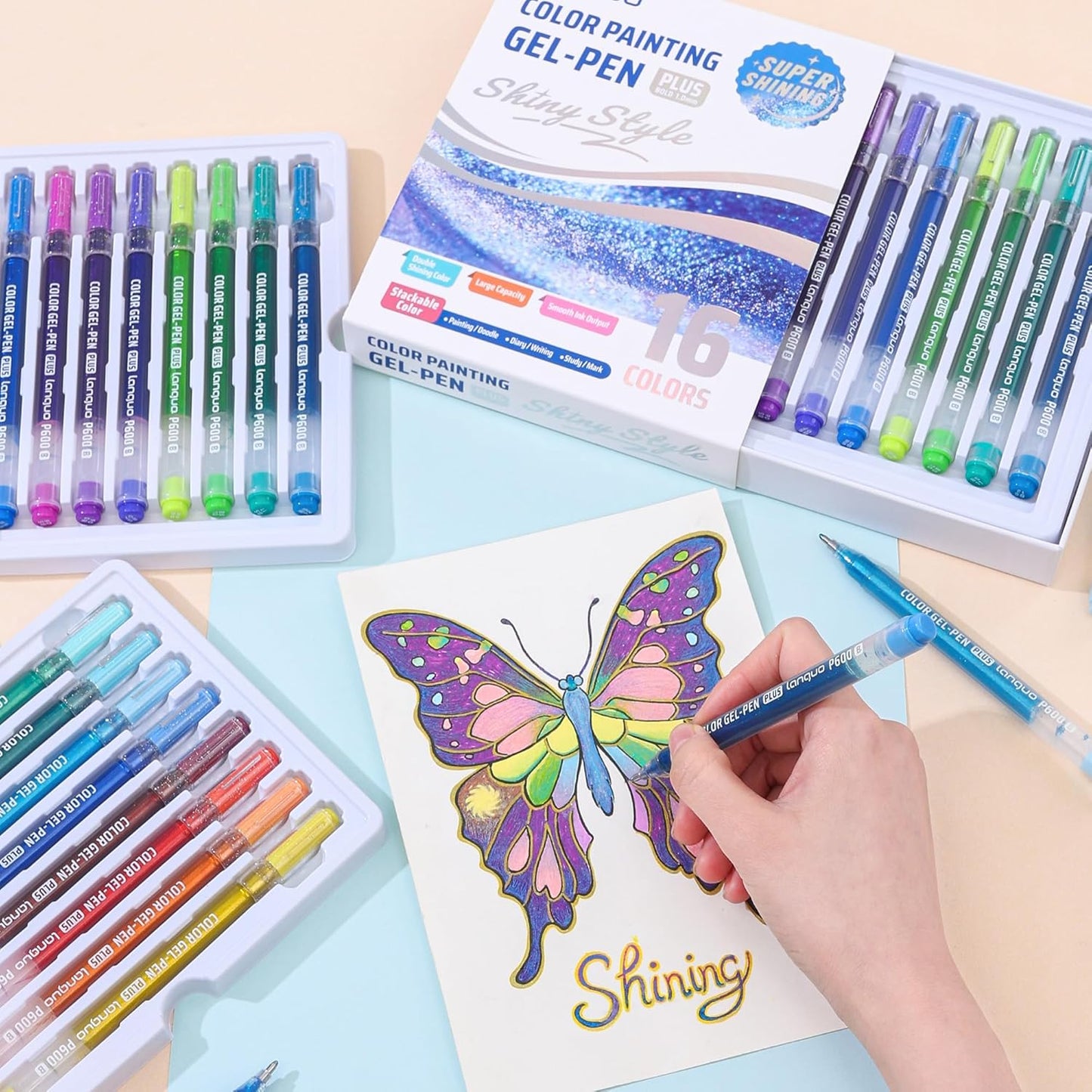 Glitter Gel Pens for Adult Coloring, 16 Colors Double Shining Glitter Gel Pens Colored Set for Drawing, Doodling, Journaling & Creative Art Supplies