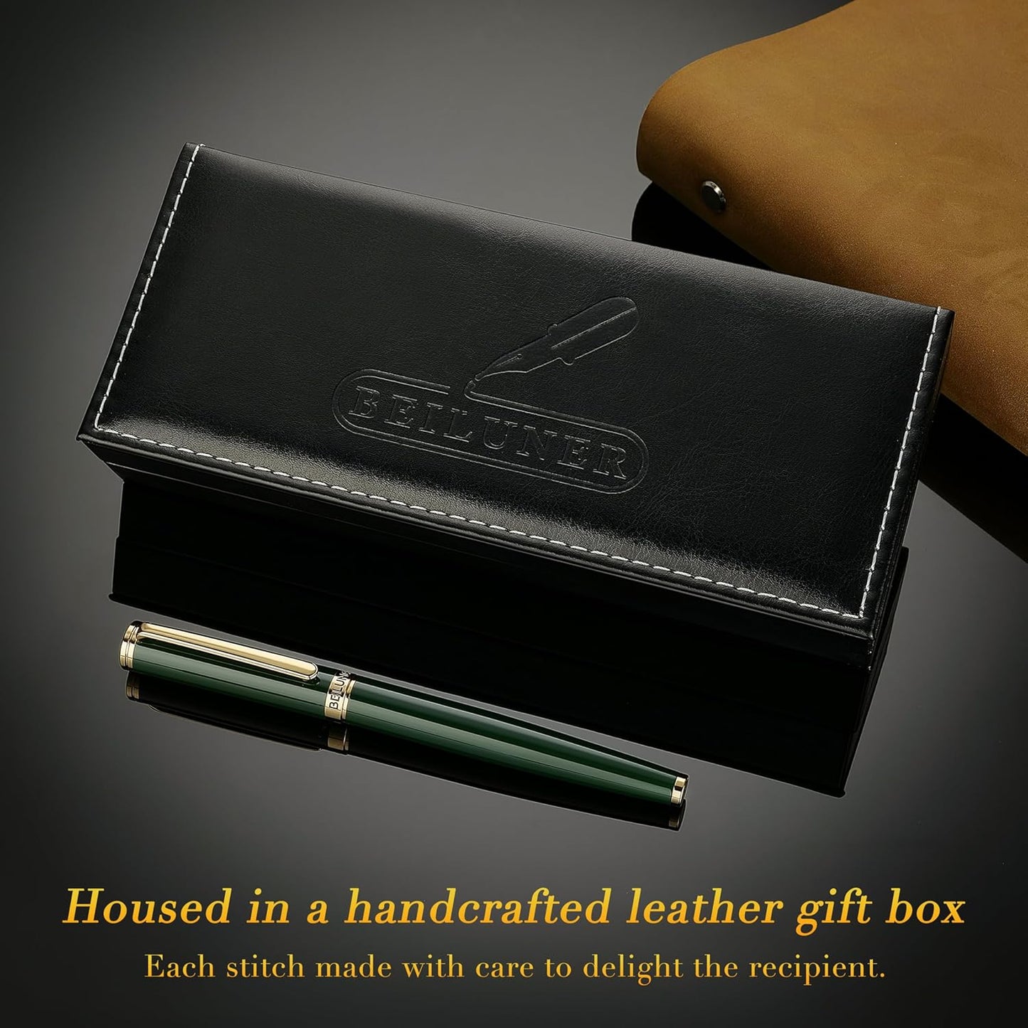 BEILUNER British Racing Green Fountain Pen,Stunning Luxury Pens with 24K Gold Accents, Gorgeous 24K Gilded Nib(Fine), Ink Converter,Fancy Pen Gift for Men&Women-Smooth, Office, Nice for Writing