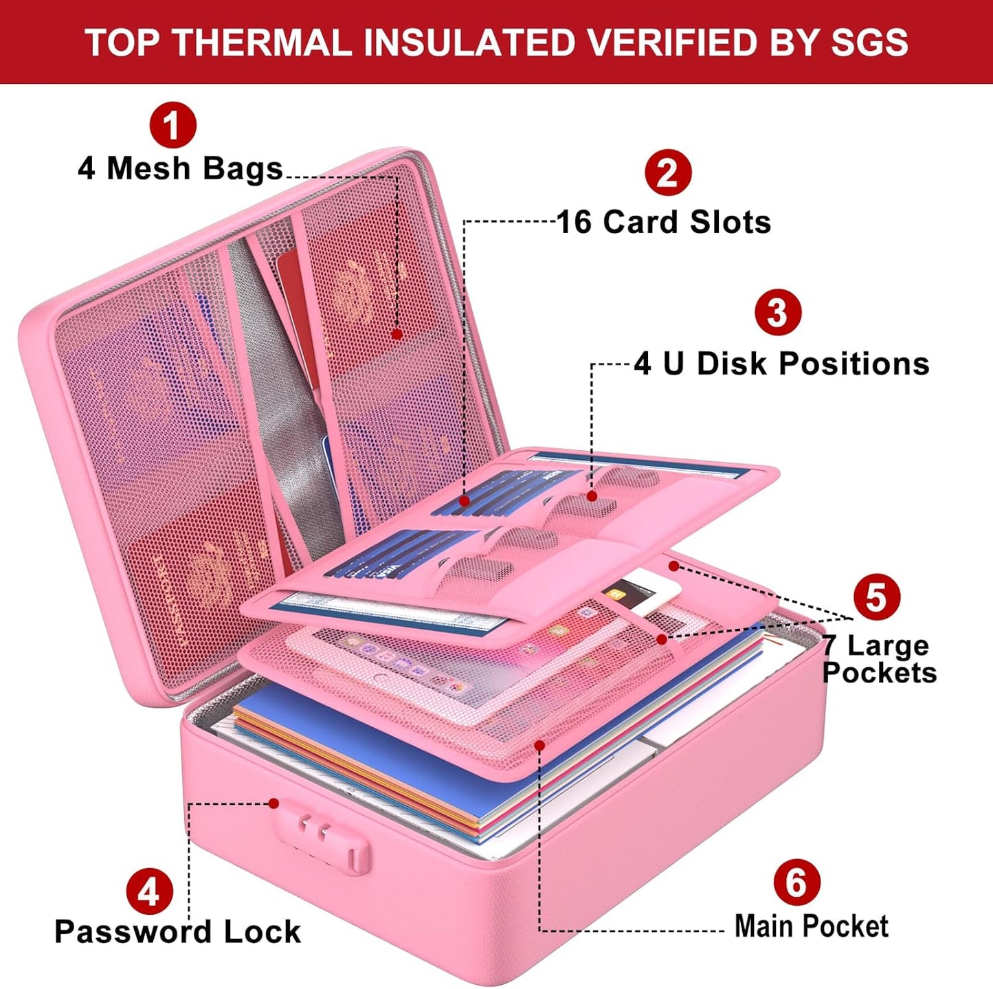 ENGPOW 5200°F Fireproof Document Bag with Lock, Upgraded Heat Insulated Fireproof＆Waterproof Box 8 Layers Document Organizer, Portable Home Travel Safe Storage Box for Important Files, Laptop, Pink