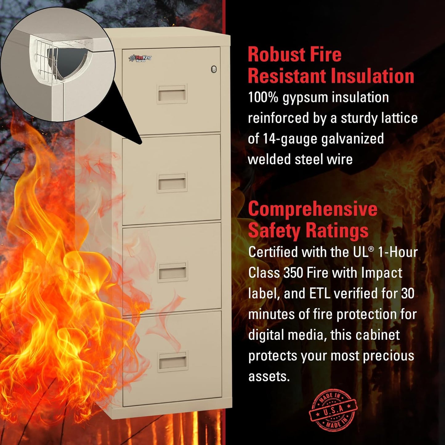 FireKing Turtle Vertical 4 Drawer Legal and Letter Fire Safe File Cabinet with Key Lock, 1 Hour Fire Rated, UL Rated & Water Resistant Home Safe, Filing Cabinet, Made in The USA, Parchment