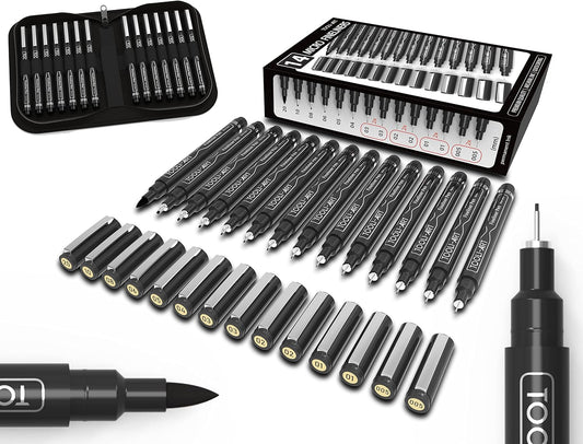 Micro-Line 14 Pens With Case, Fineliner, Multiliner, Archival Ink, Waterproof, Journaling, Illustration, Architecture, Technical Drawing, Outlining, Scrapbooking, Manga, Writing, Rock Painting Black