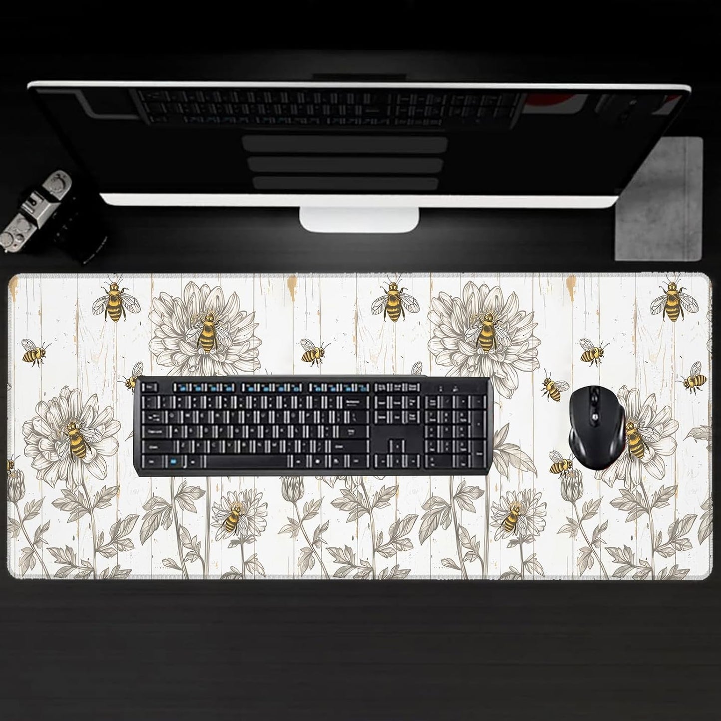 Bee Large Gaming Desk Mat,Rubber Non-Slip Bumble Floral Mouse Pad,31.5x11.8x0.12in Extended Multiple Colors Cute Sketch Bees Mousepad,Game Lover Mice Pads Gifts,Office Home Deskmat Decor