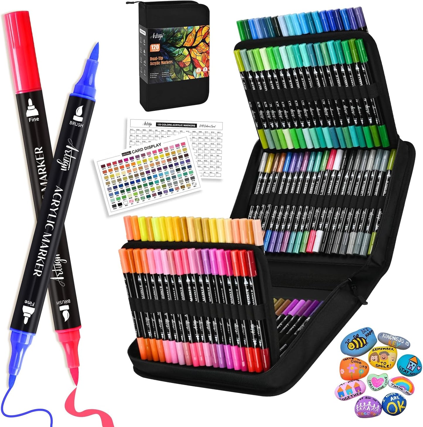 120 Colors Acrylic Paint Pens, Dual Tip Markers With Fine Tip and Brush Tip for Rock Painting, Ceramic, Wood, Plastic, Calligraphy, Scrapbooking, Brush Lettering, Card Making, DIY Crafts