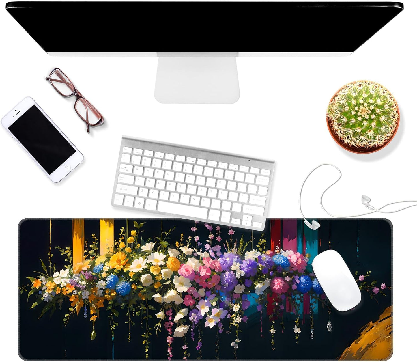 Dynippy Thin Extended Gaming Mouse Pad （31.5 * 11.8 * 0.08 inch） with Stitched Edges Large, Long XXL Keyboard and Mouse pad Desk Mat for Gaming Office & Home - Flower 32